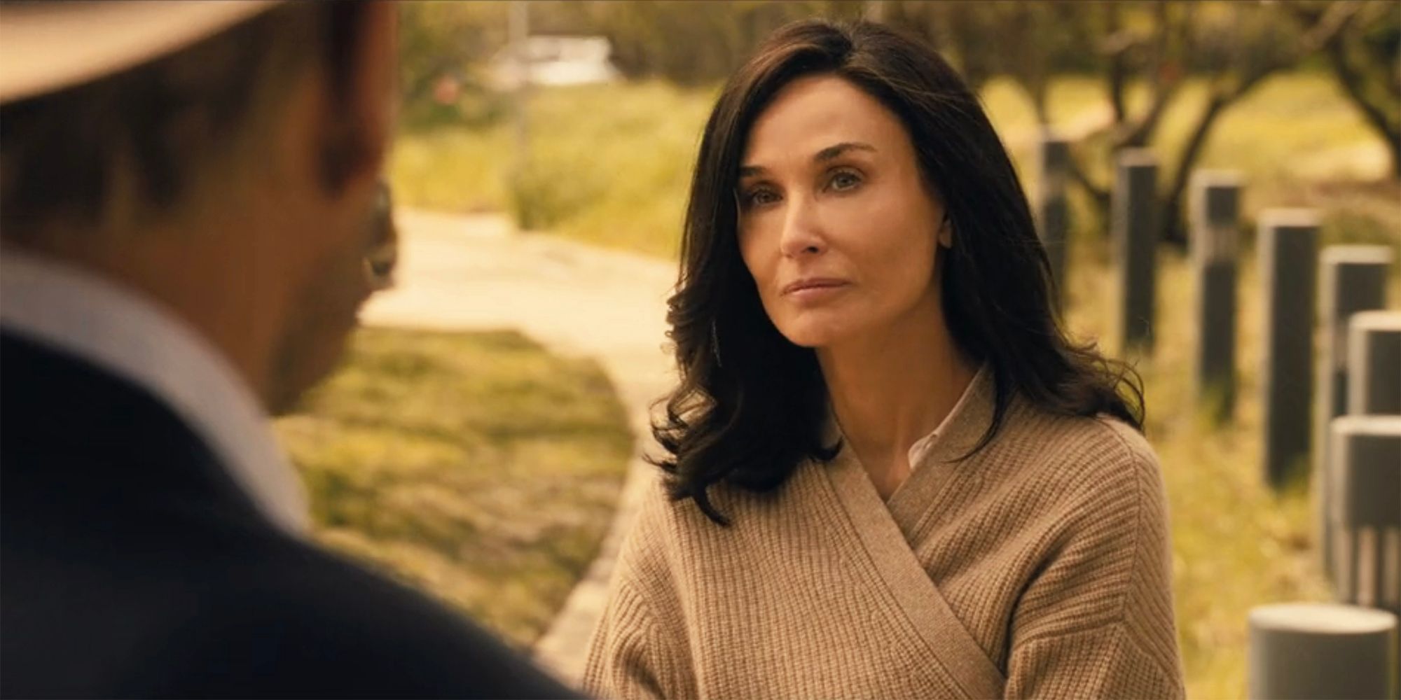 Demi Moore as Cami outside the hospital in Landman season 1