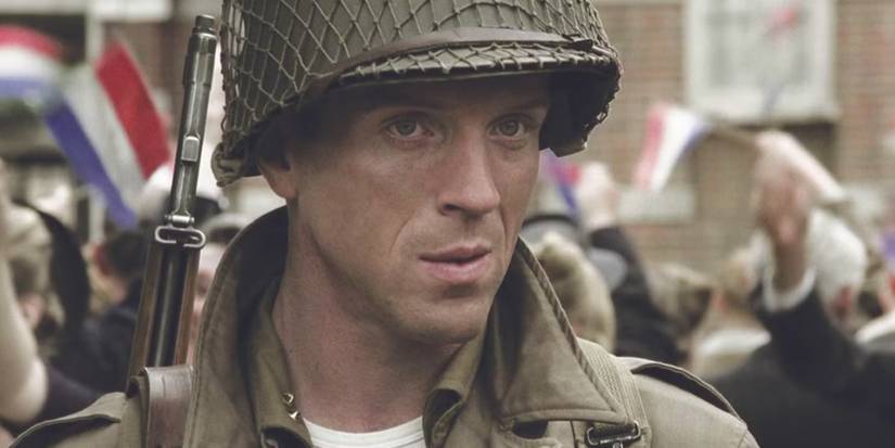 Dick Winters (Damian Lewis) looking worried during a Dutch parade in the Band of Brothers episode Replacements.