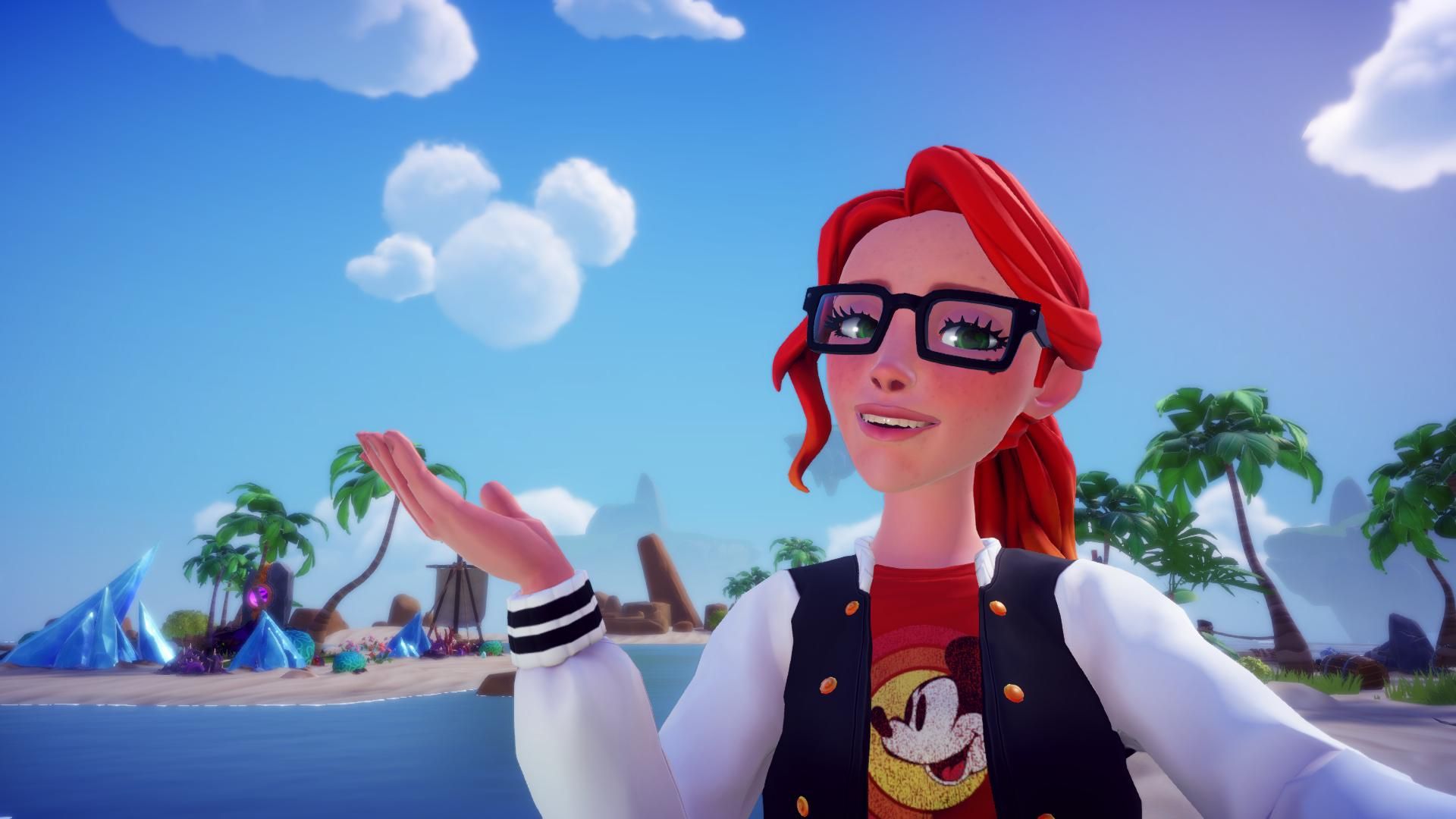 Disney Dreamlight Valley character posing in a selfie with a mickey cloud