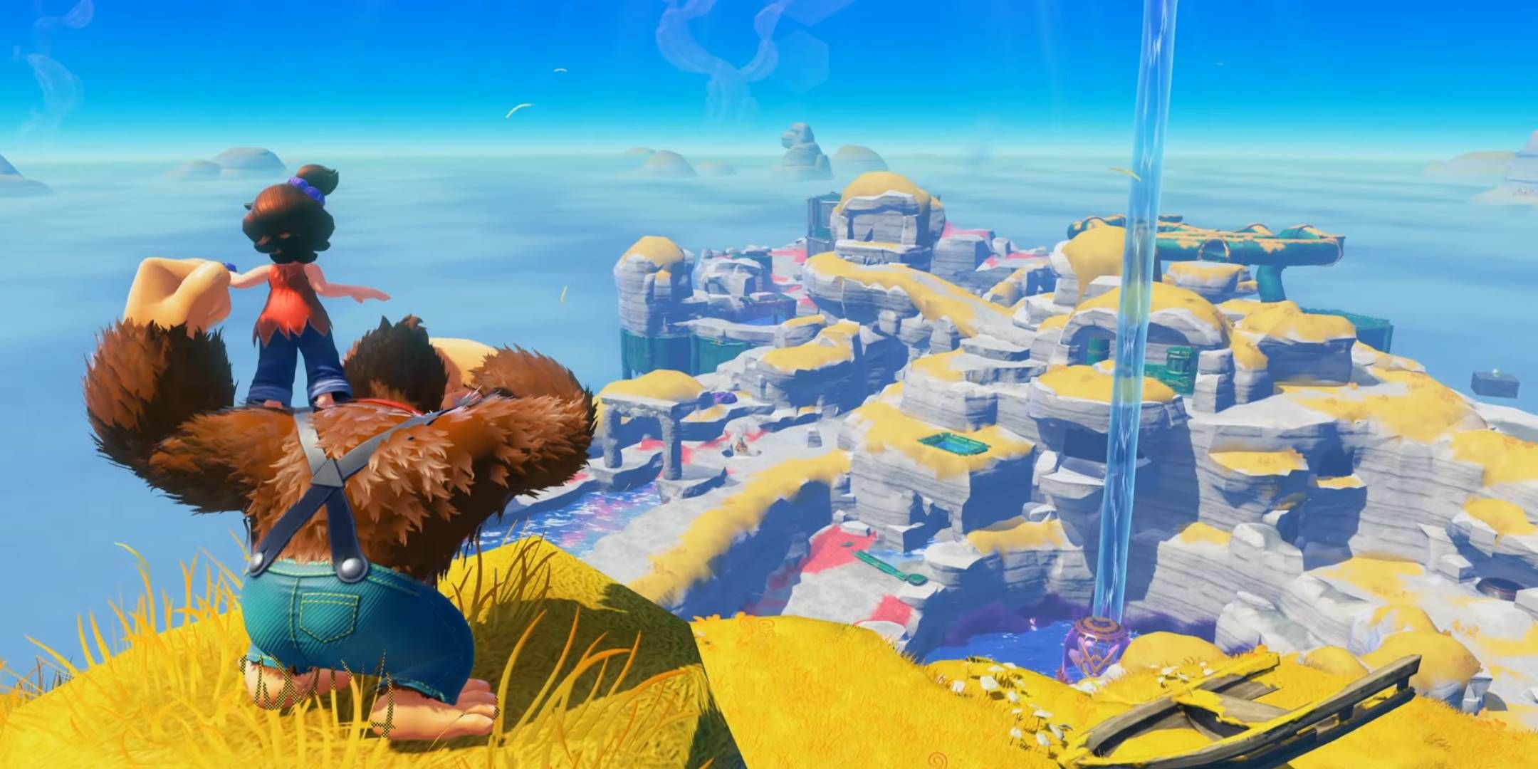 Donkey Kong and Pauline overlooking a series of islands in Donkey Kong Bananza.