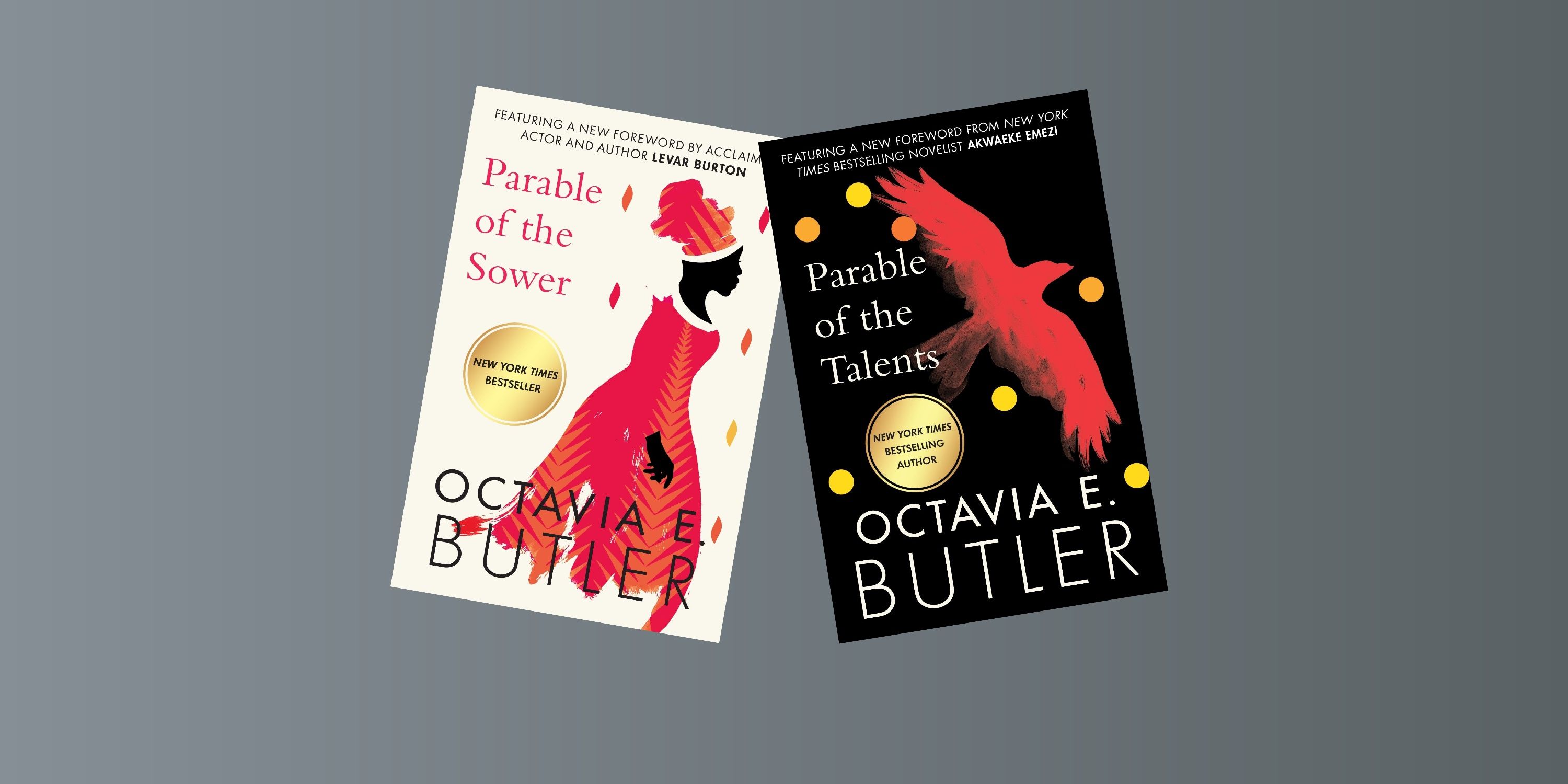 The covers of Parable of the Sower and Parable of the Talents against a gray background