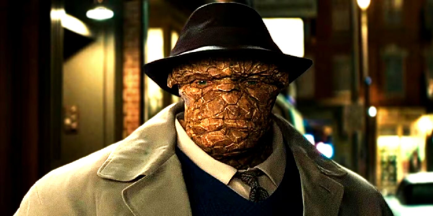 Ebon Moss-Bachrach's Ben Grimm aka the Thing wers a trench coat and a fedora in The Fantastic Four First Steps