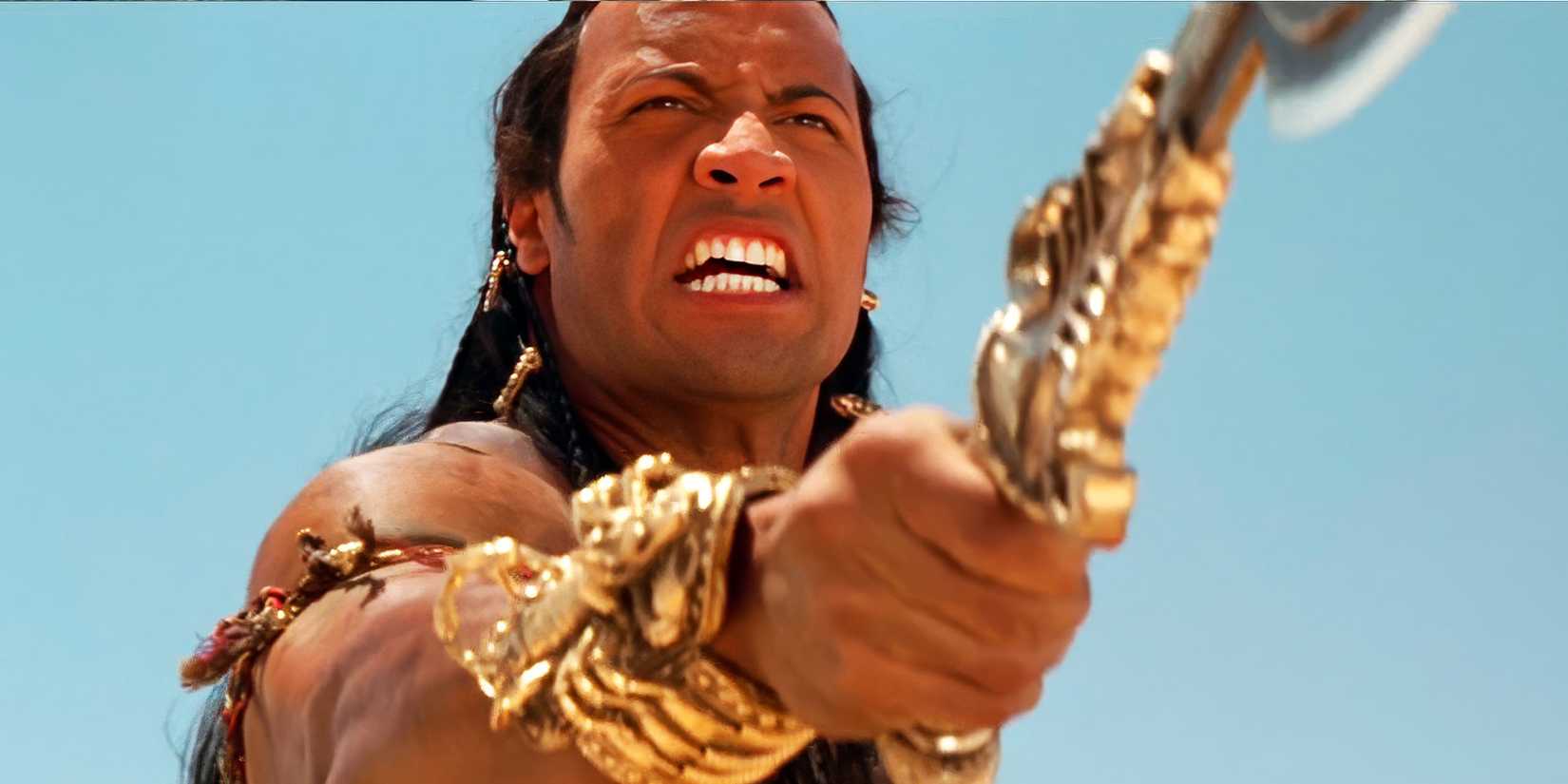 Dwayne Johnson preparing to fight as The Scorpion King.