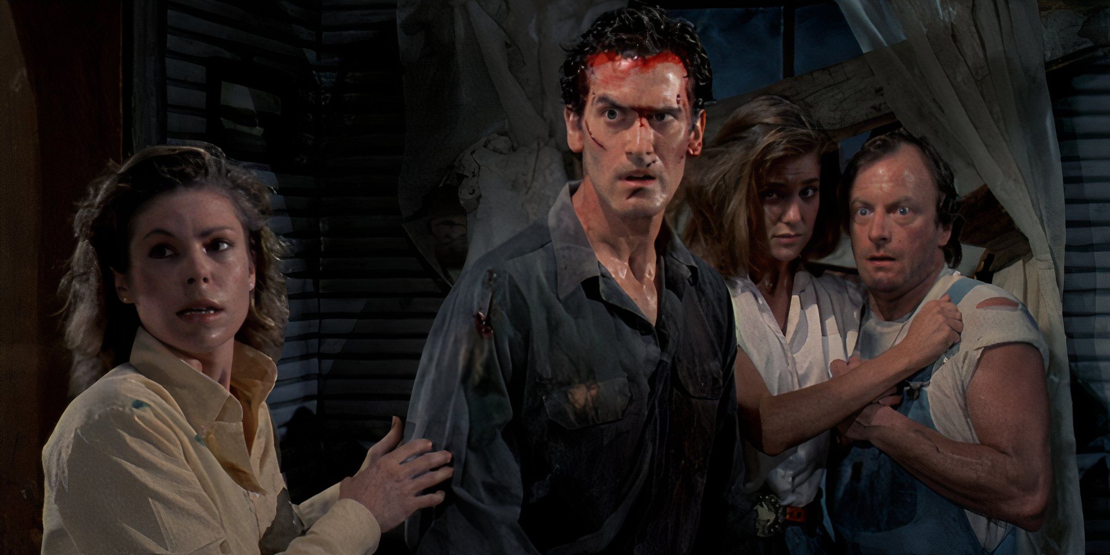 Ash looks concerned as the other survivors cower around him in Evil ᴅᴇᴀᴅ II