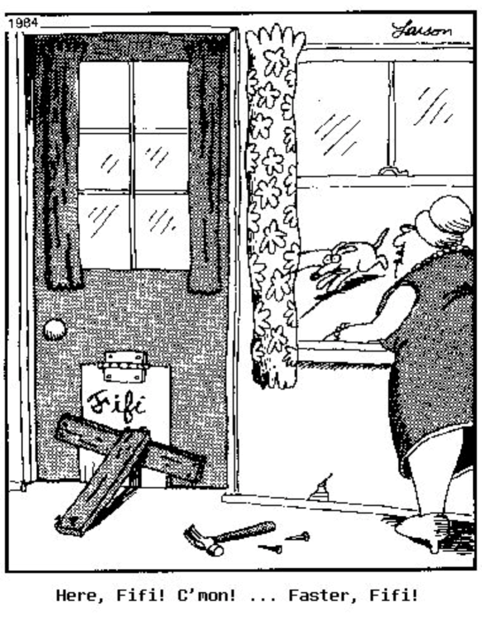 Far Side comic dog fifi running