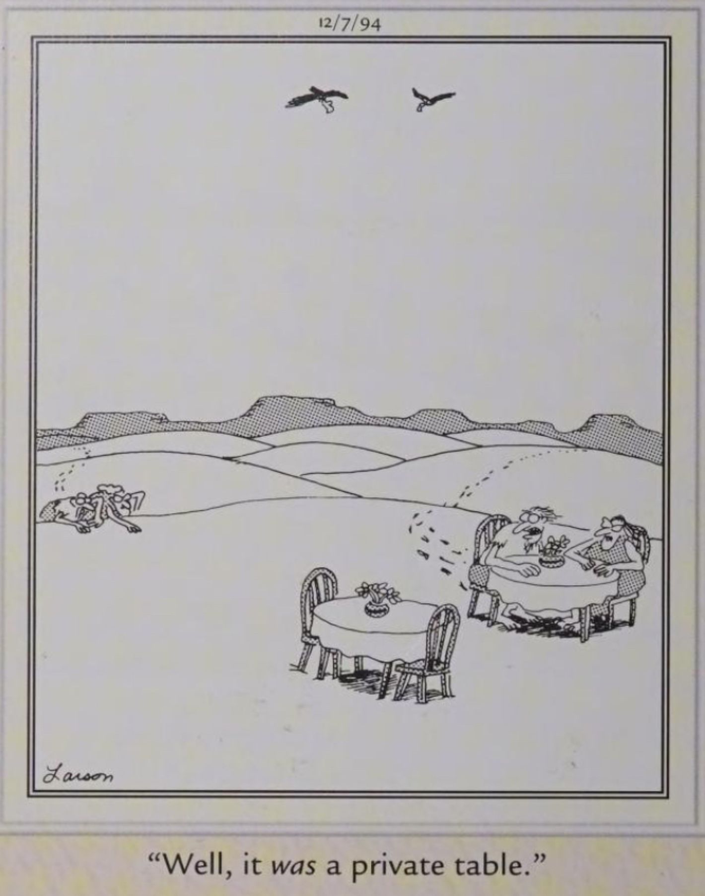 Far Side, December 7, 1994, due persone hanno un appuntamento privato nel deserto