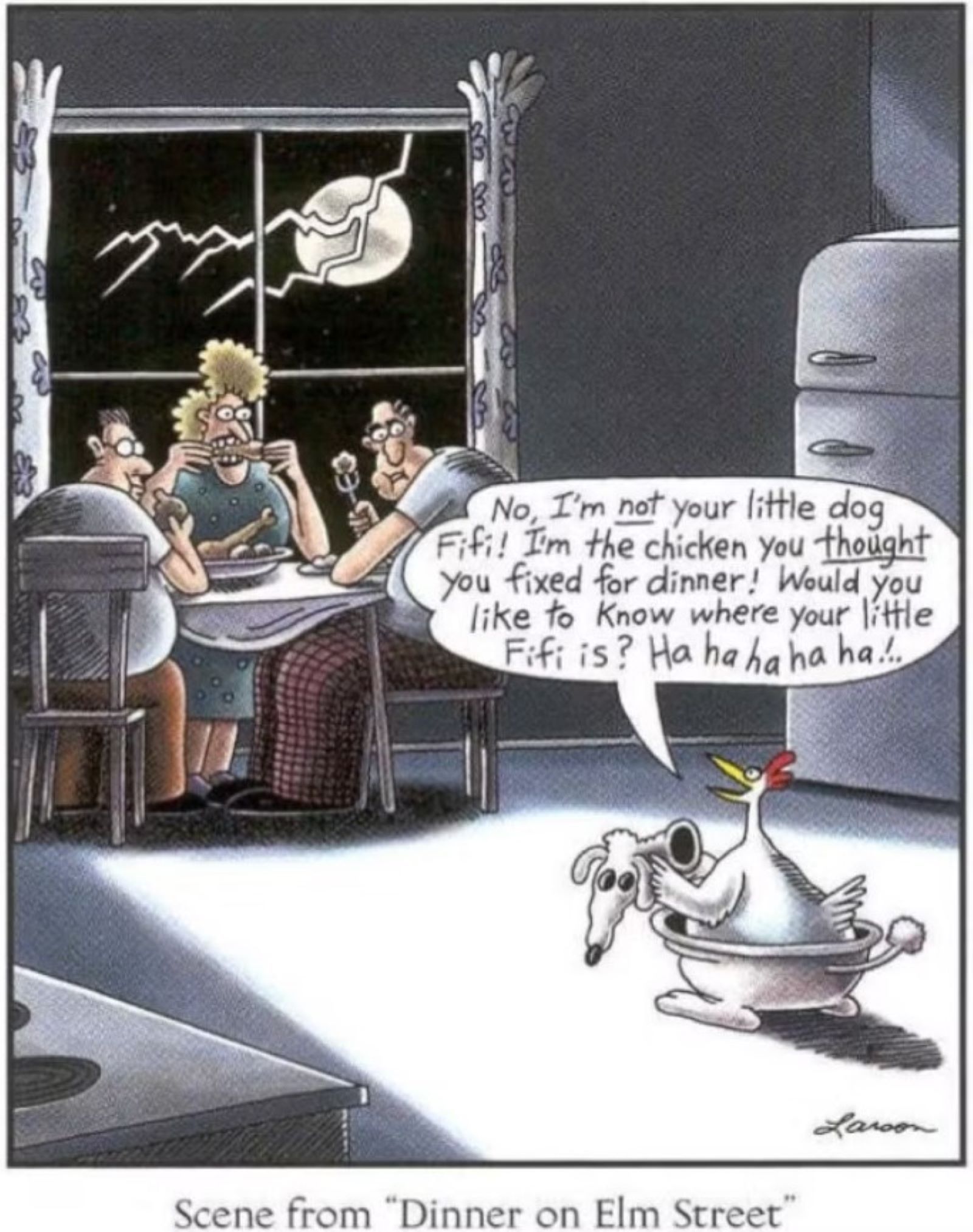 far side eaeting fifi the dog crazy chicken 