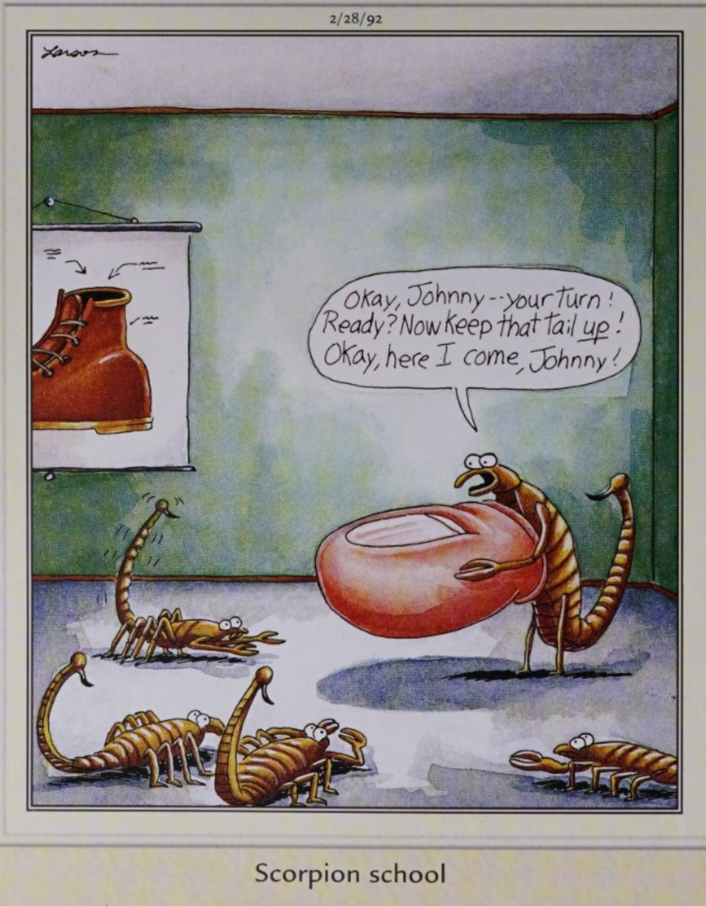 Far Side, febbraio 28, 1992, scuola per scorpioni che imparano a pungere i piedi umani