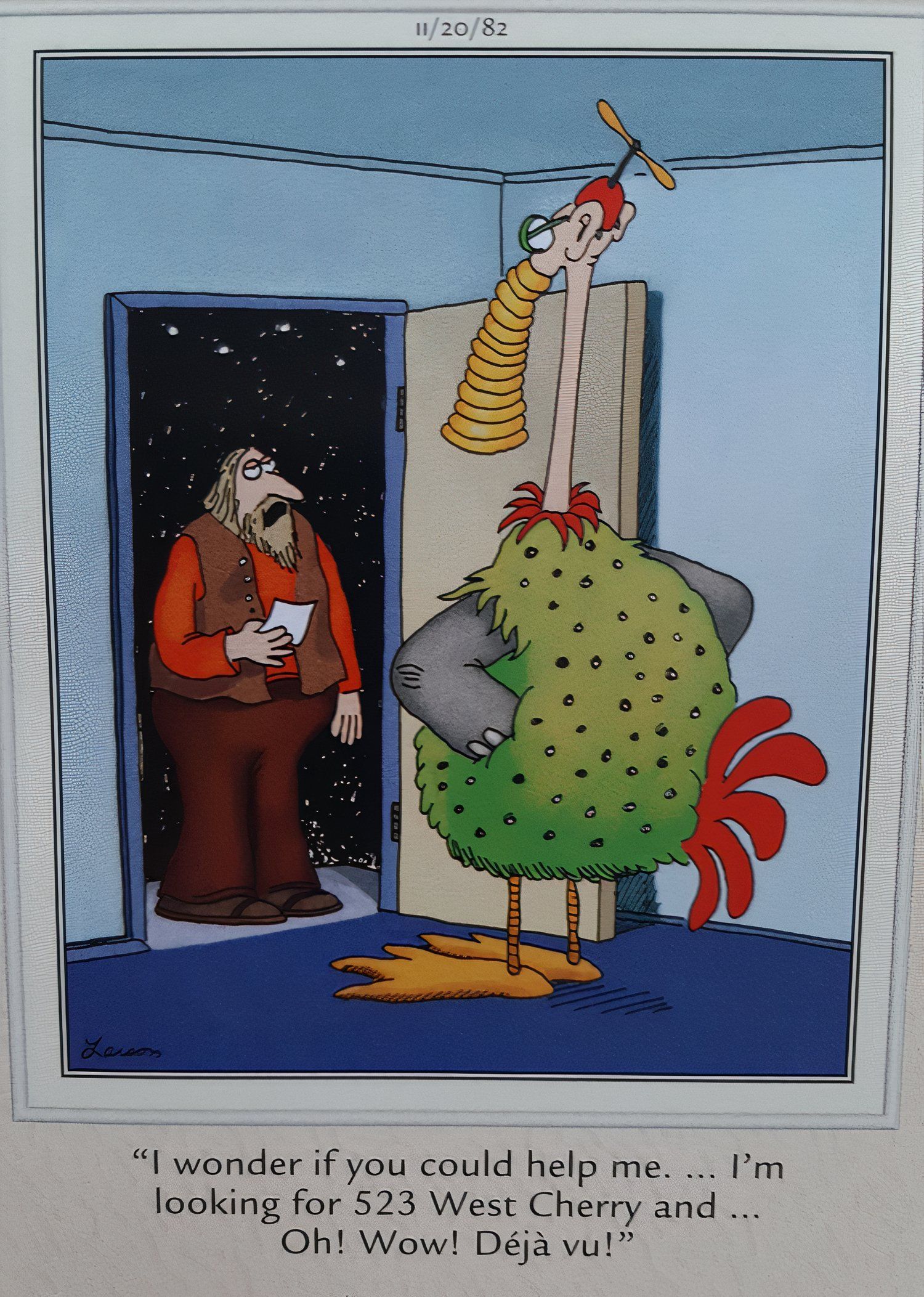 Far Side Guy Meets Strange Creature and Gets Deja Vu