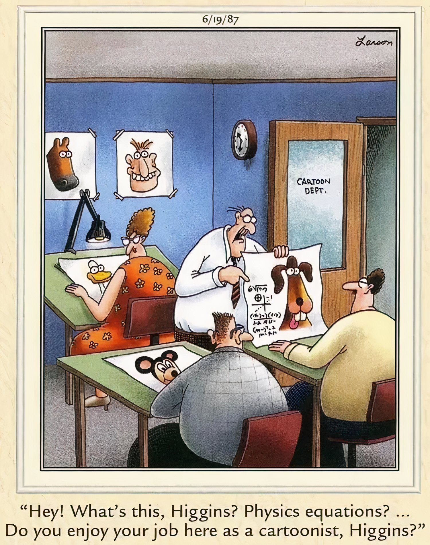 Far Side Higgins Draws Equations Instead of Cartoons