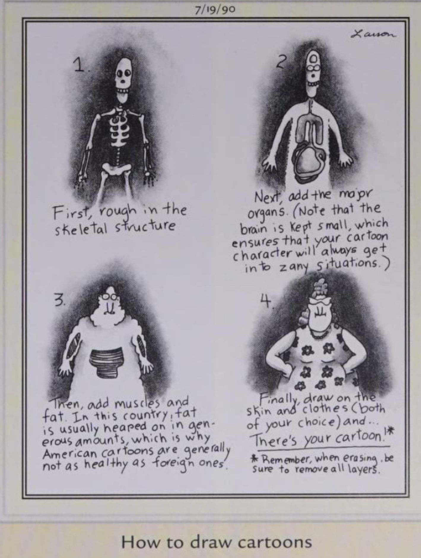 Far Side, July 19, 1990, a tongue-in-cheek guide to 'how to draw cartoons'
