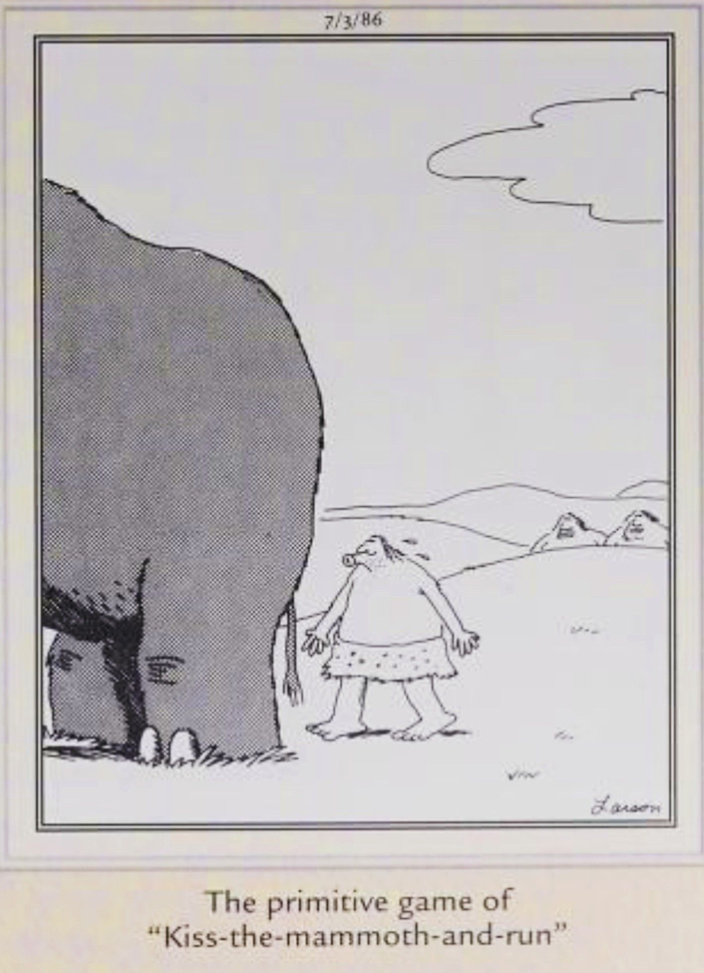 Far Side, July 3, 1986, a prehistoric man goes to kiss a mammoth on the butt