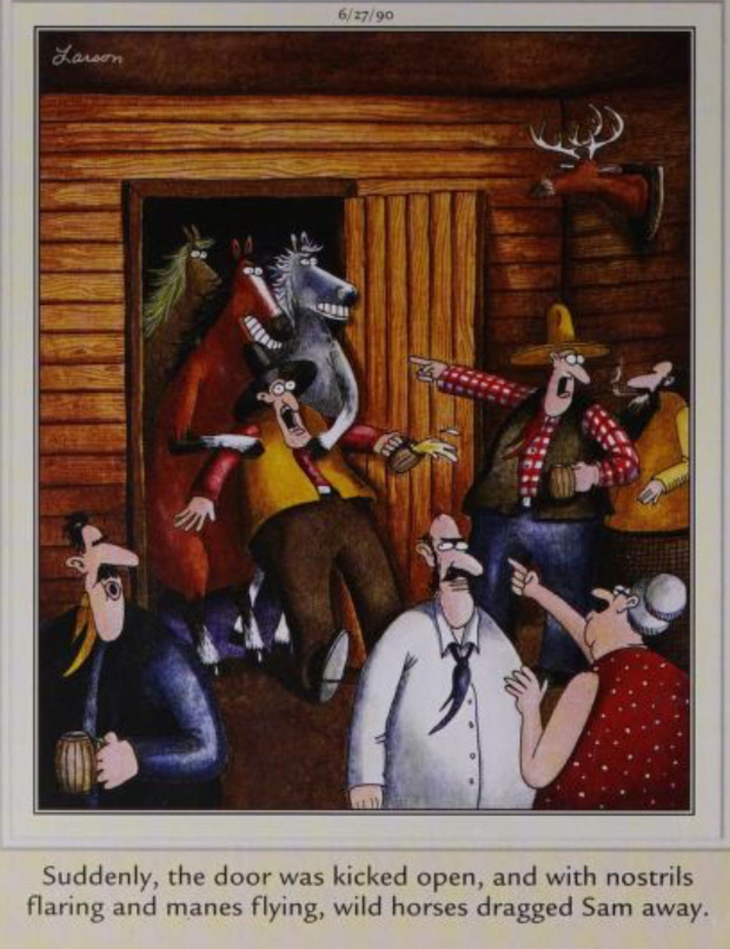 Far Side, June 27, 1990, wild horses drag a cowboy out of a saloon
