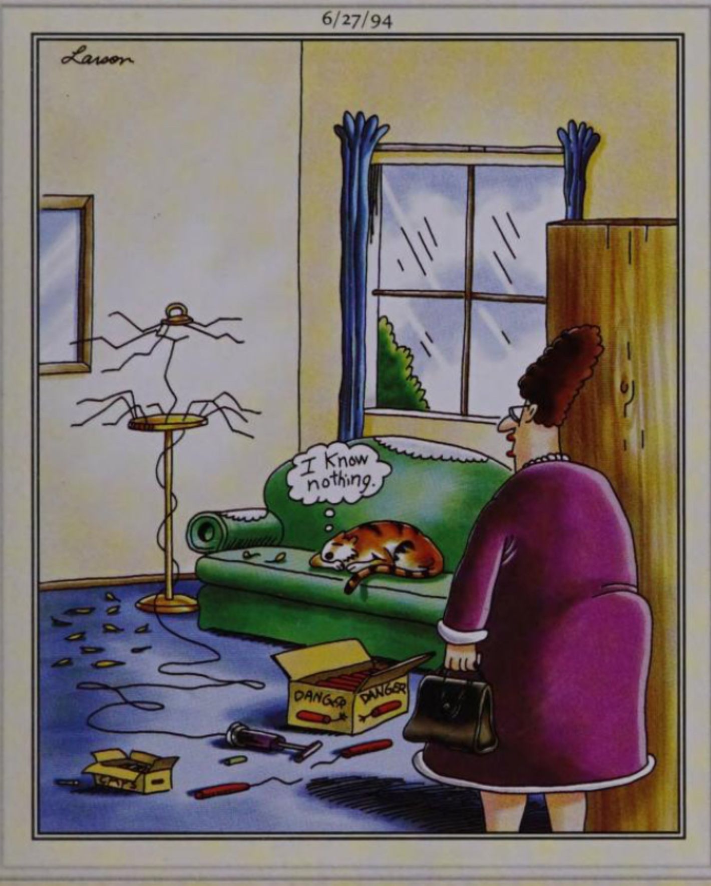 Far Side, June 27, 1994, gatto che esplode l’uccello con la dinamite