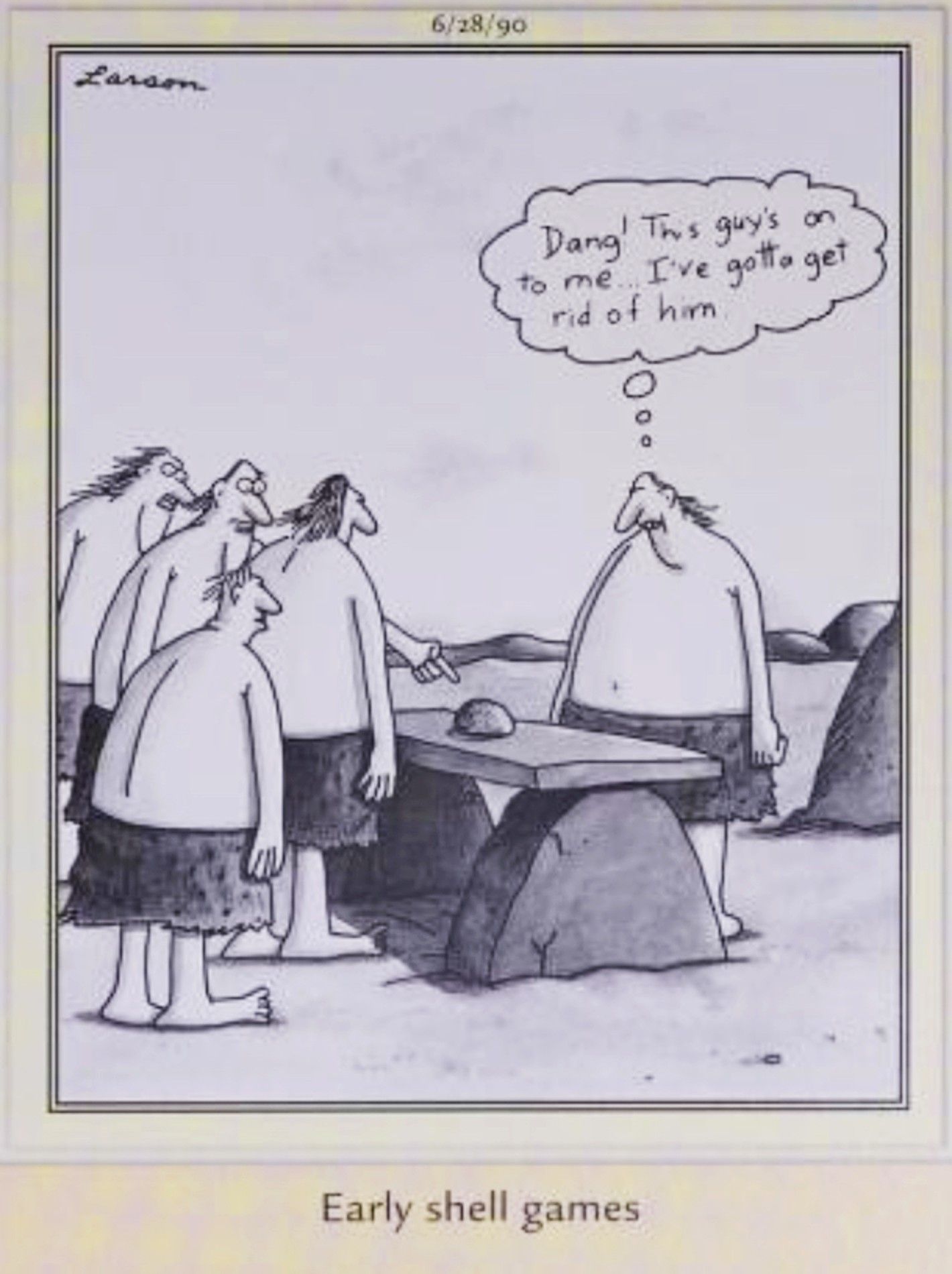 Far Side, June 28, 1990, depicting an early con artist