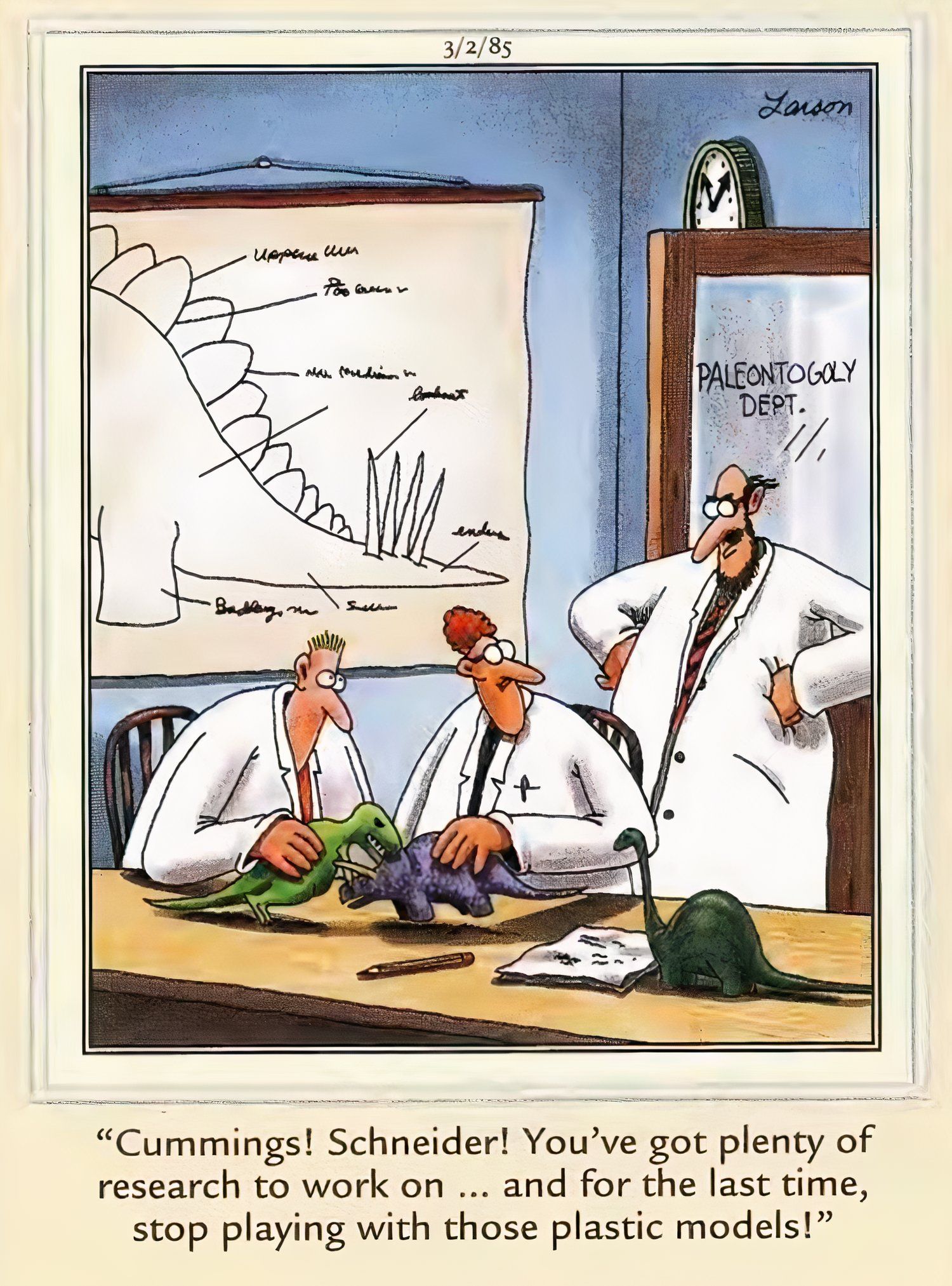 Far Side Scientists Playing with Dinosaur Toys