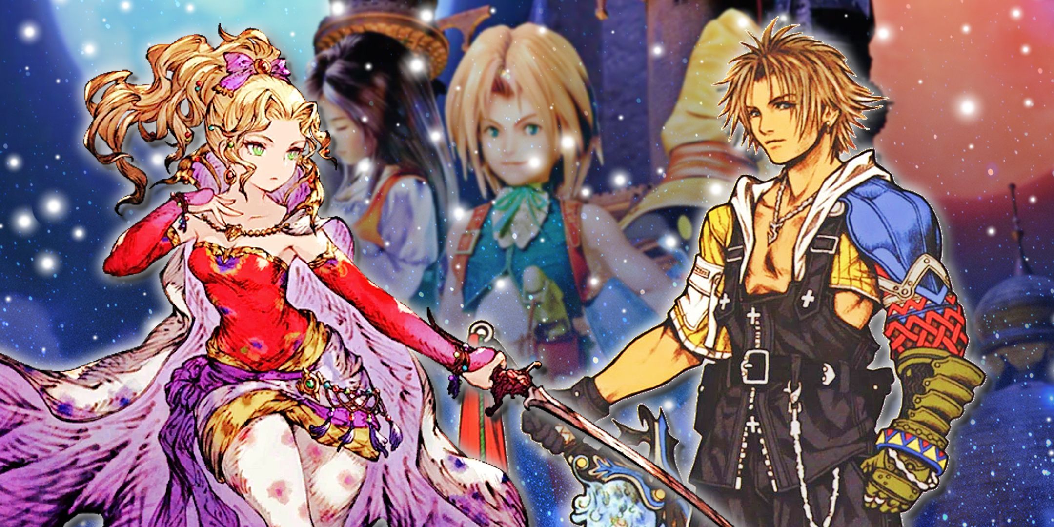 Final Fantasy's Cloud and Tidus superimposed over Zidane.