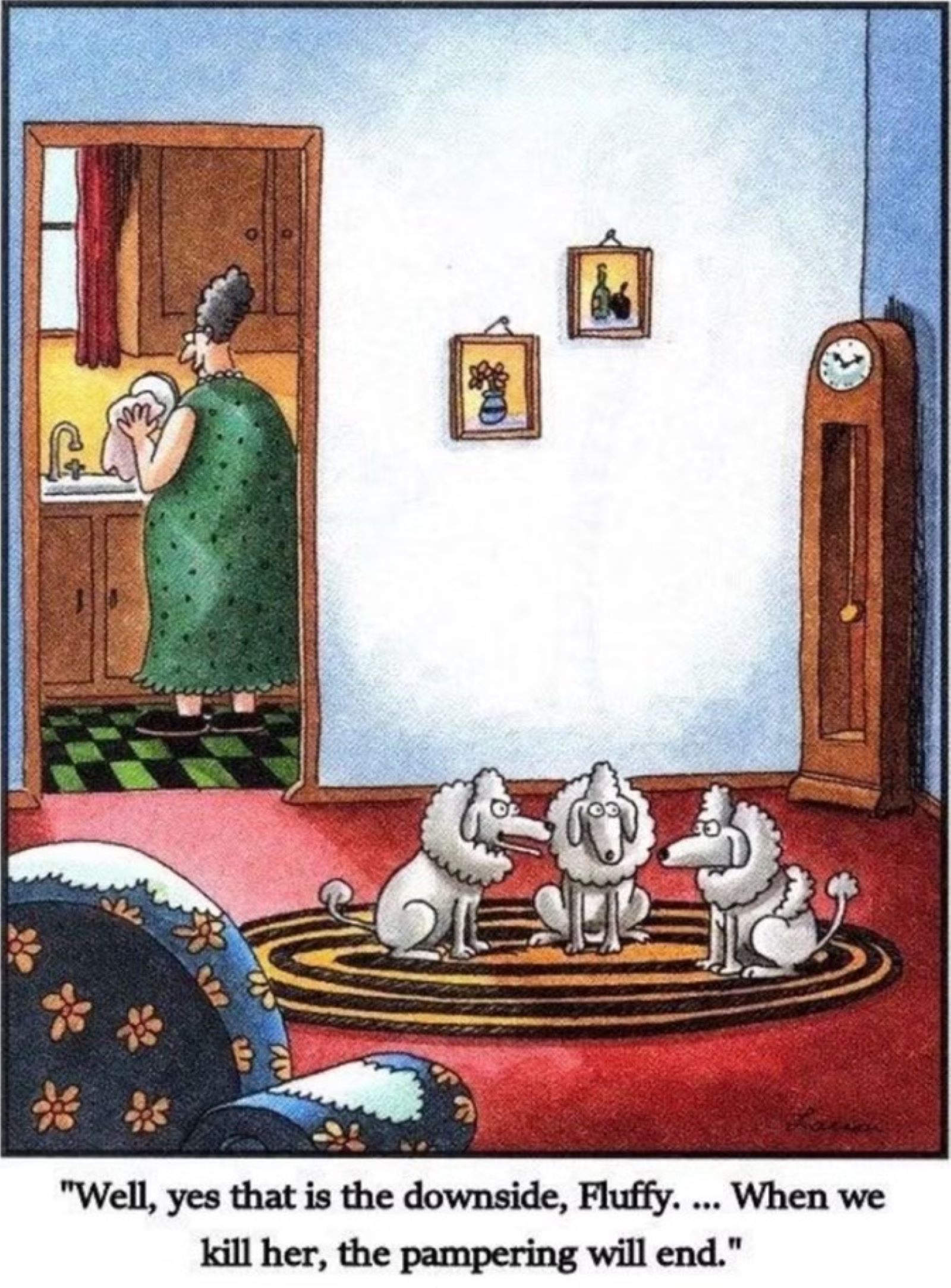 fluffy far side dog murder