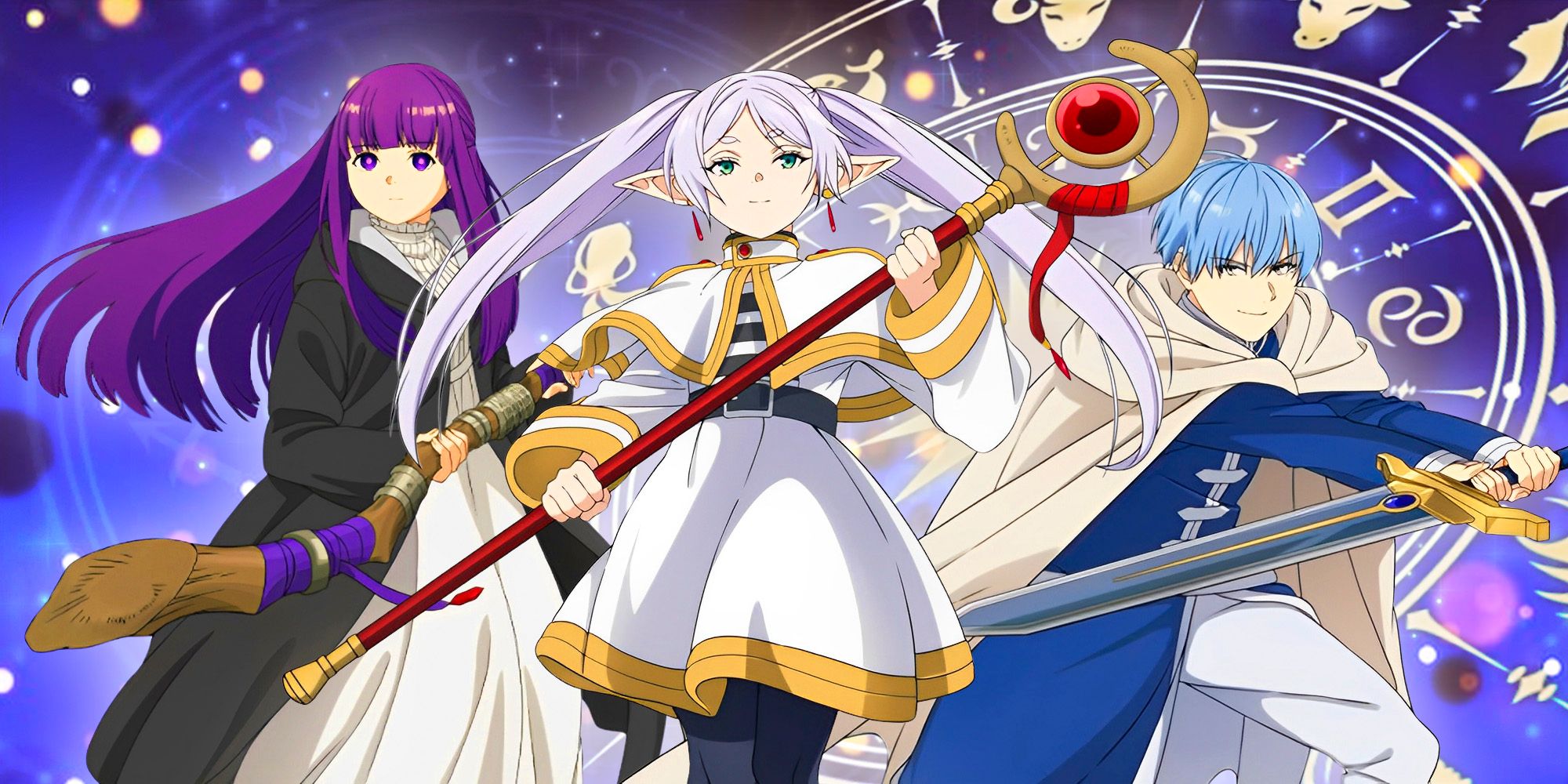 frieren-himmel-and-fern-in-front-of-a-zodiac-wheel Os criadores de anime de Frieren provocam uma grande mudança para a segunda temporada, e nos deixou empolgados