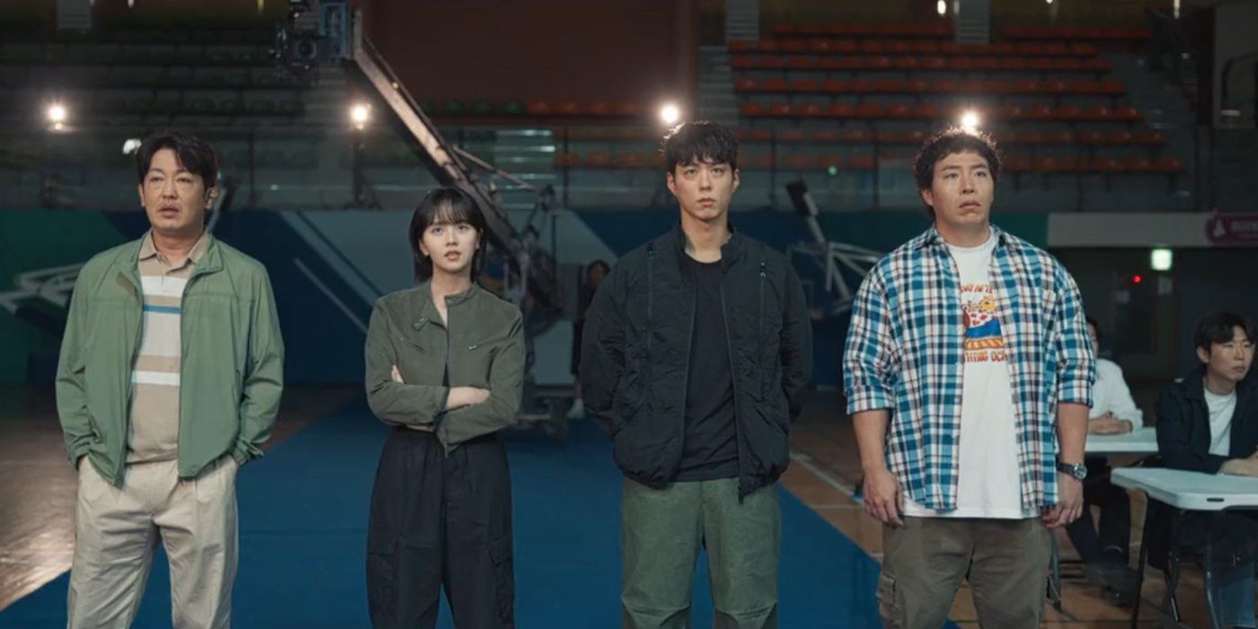 The cast of Good Boy standing and looking thoughtful