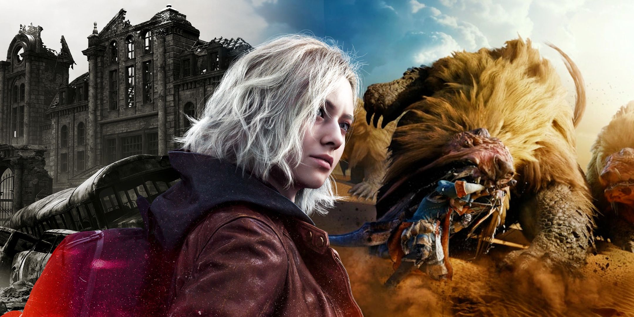 Capcom's Newest IP Is Already One Of My Most Anticipated Games Of 2026, & It Should Absolutely Be On Your Radar Grace Ashcroft from Resident Evil Requiem next to characters battling a monster in Monster Hunter Wilds.