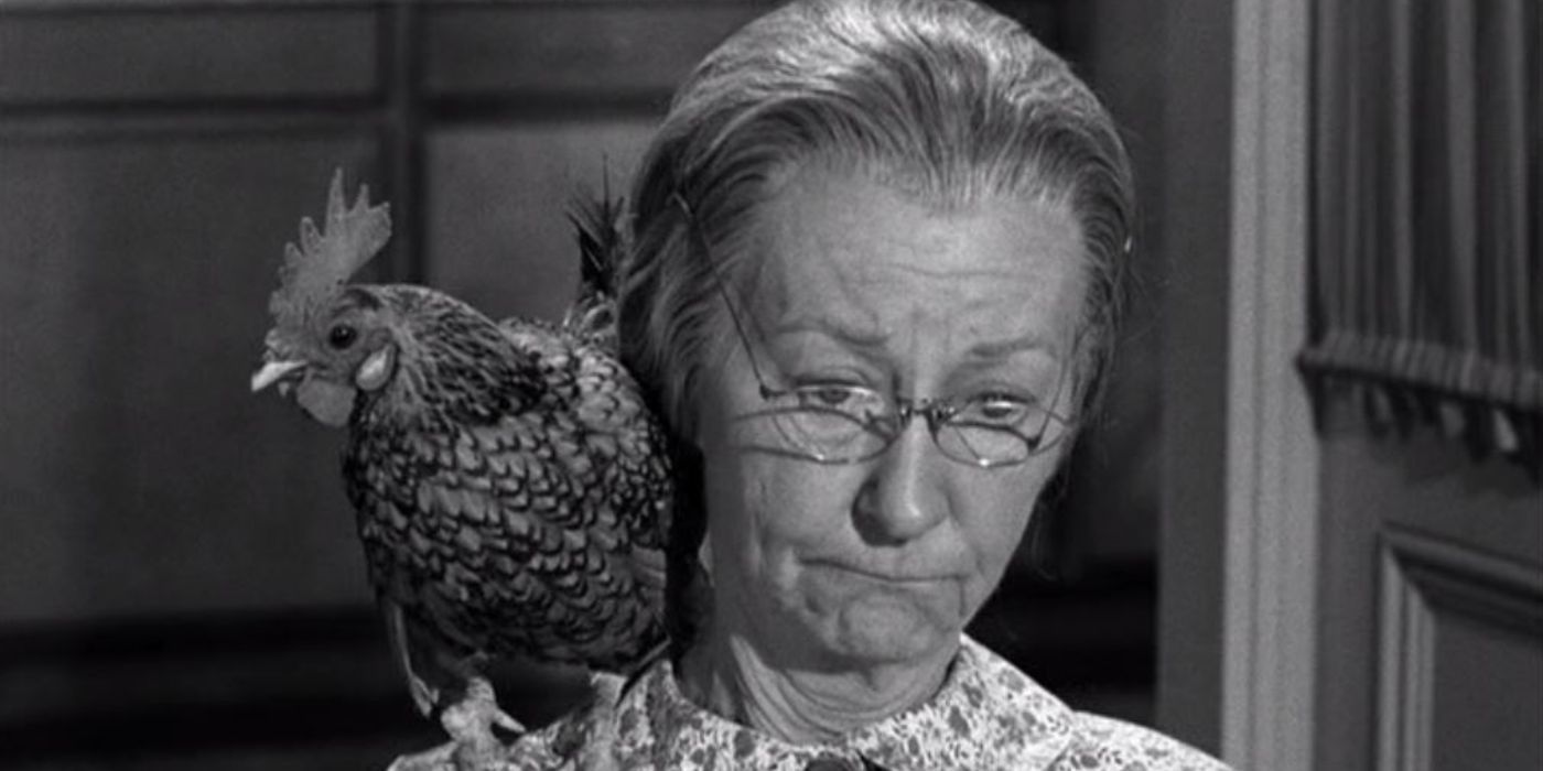 Granny (Irene Ryan) looking annoyed with a chicken on her shoulder in The Beverly Hillbillies The Clampetts Entertain.