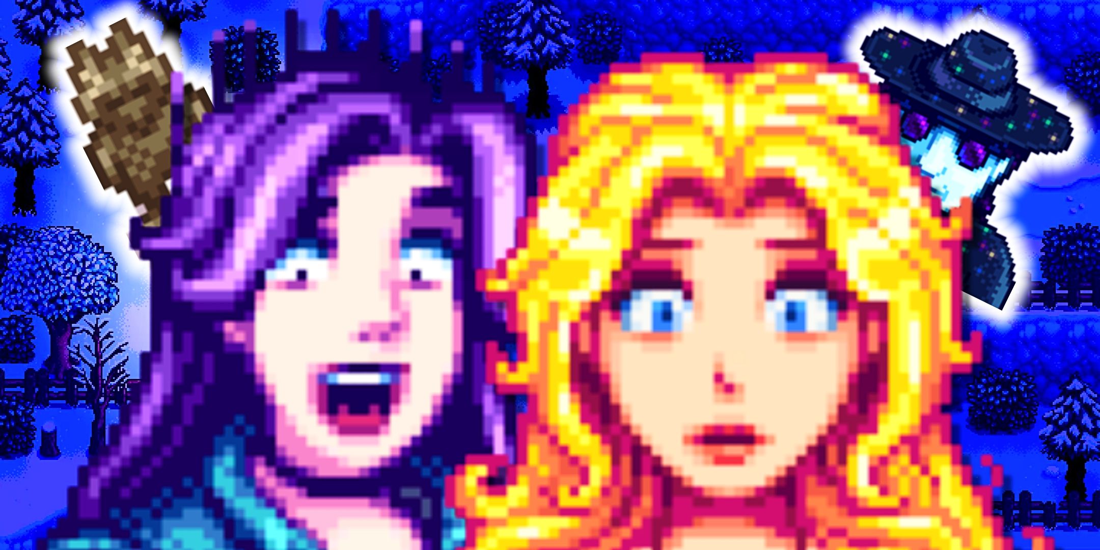 Haley and Abigail from Stardew Valley with surprised faces, flanked by a stone owl and Mr. Qi.