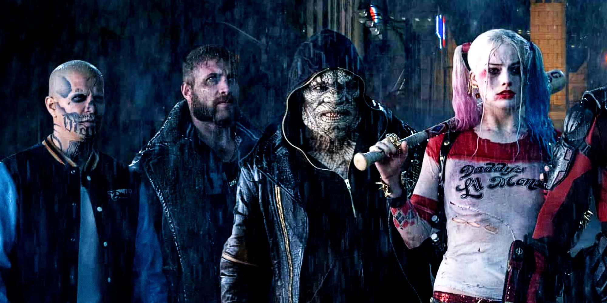 Harley Quinn, Killer Croc, Captain Boomerang, and El Muerto ᴀssemble under the rain in David Ayer's Suicide Squad