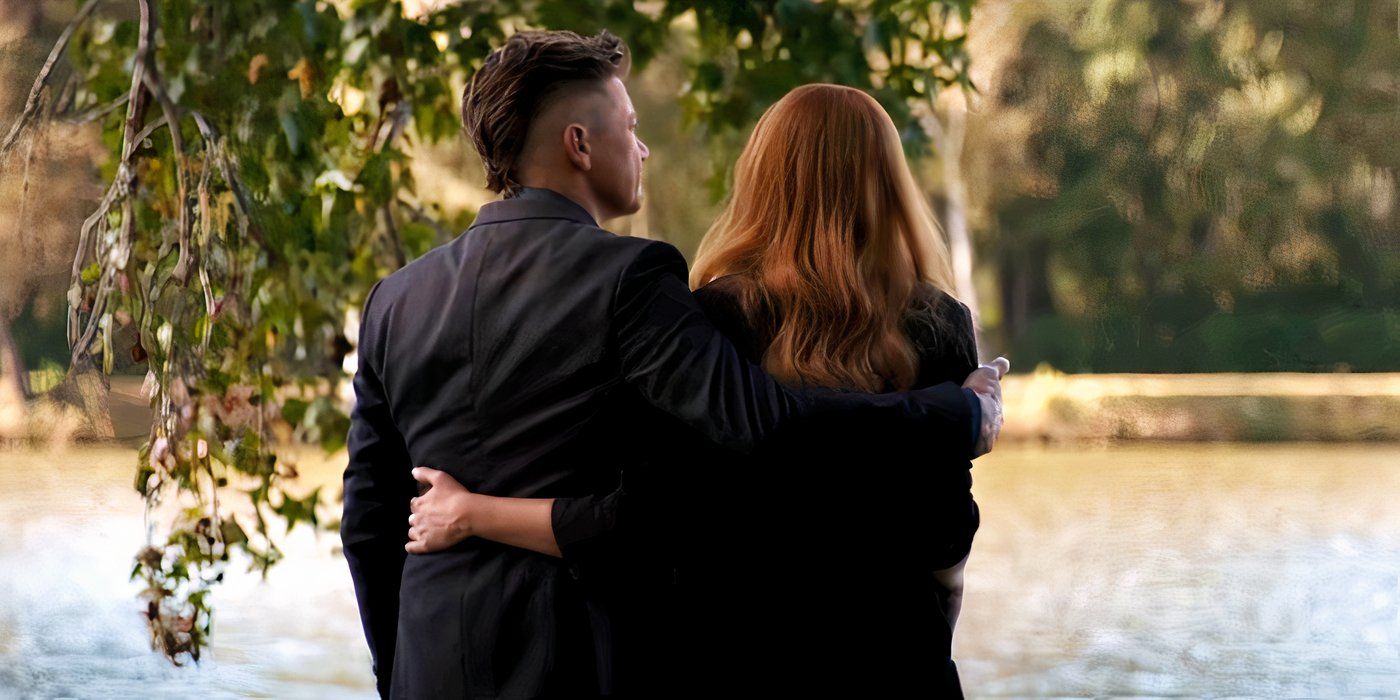 Hawkeye and Scarlet Witch hugging beside a lake in Avengers: Endgame (2019)