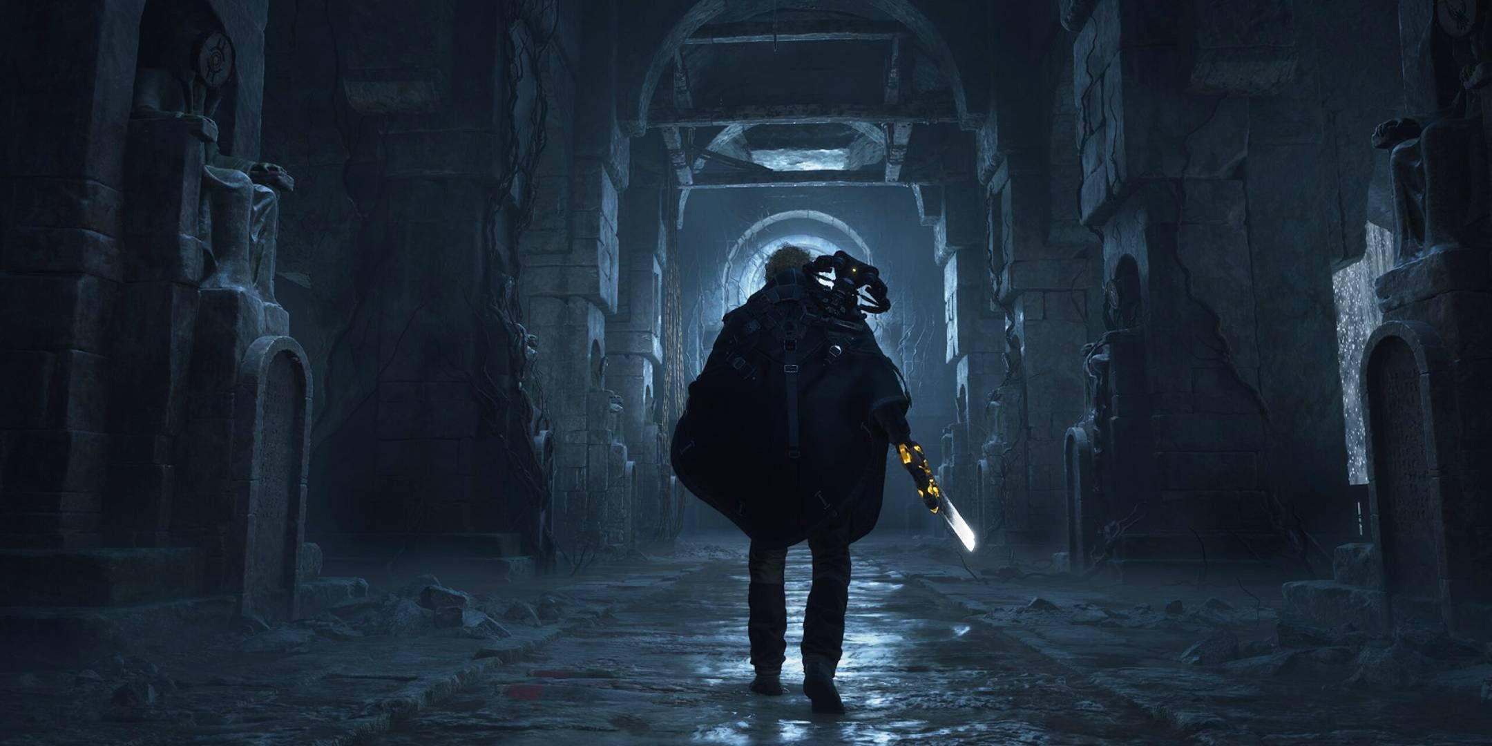 Remi walking down a dark corridor in Hell Is Us.