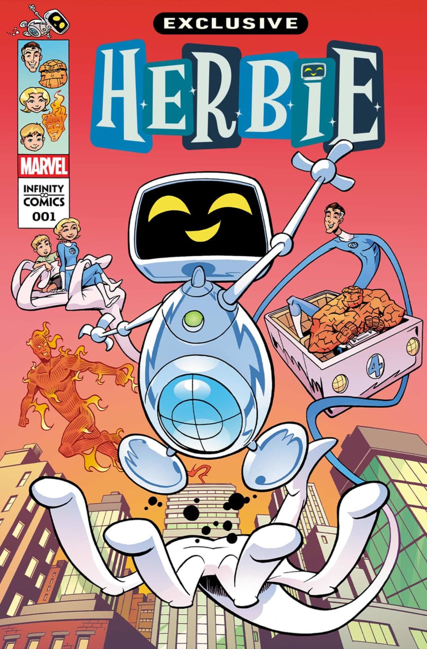 Herbie Infinity Comic #1 cover, Herbie jumping in the air, the Fantastic Four behind him.