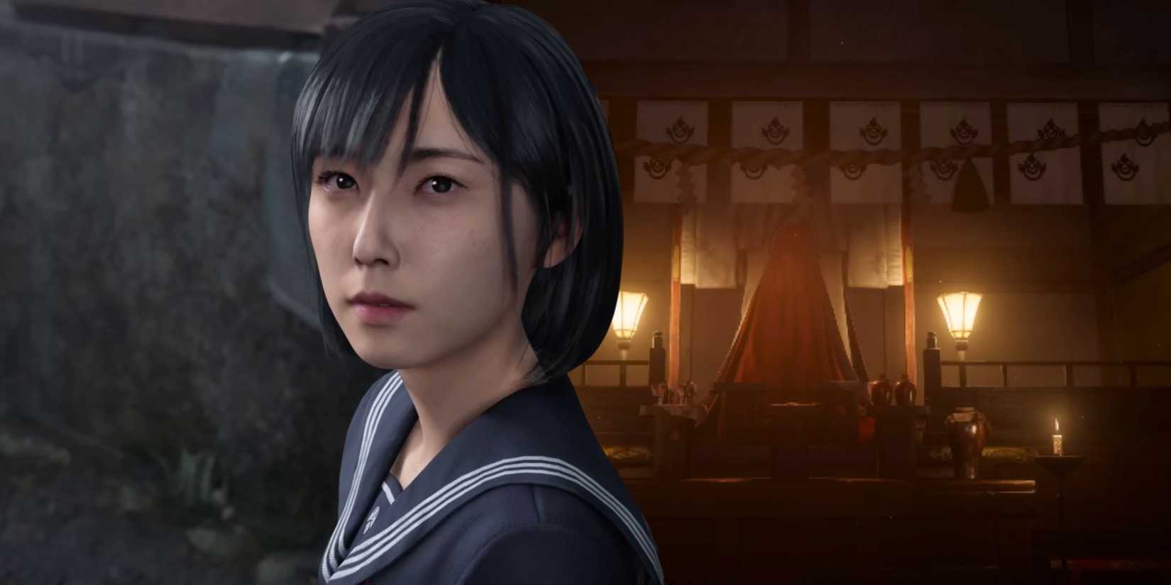 Hinako next to an image of a shrine from Silent Hill f