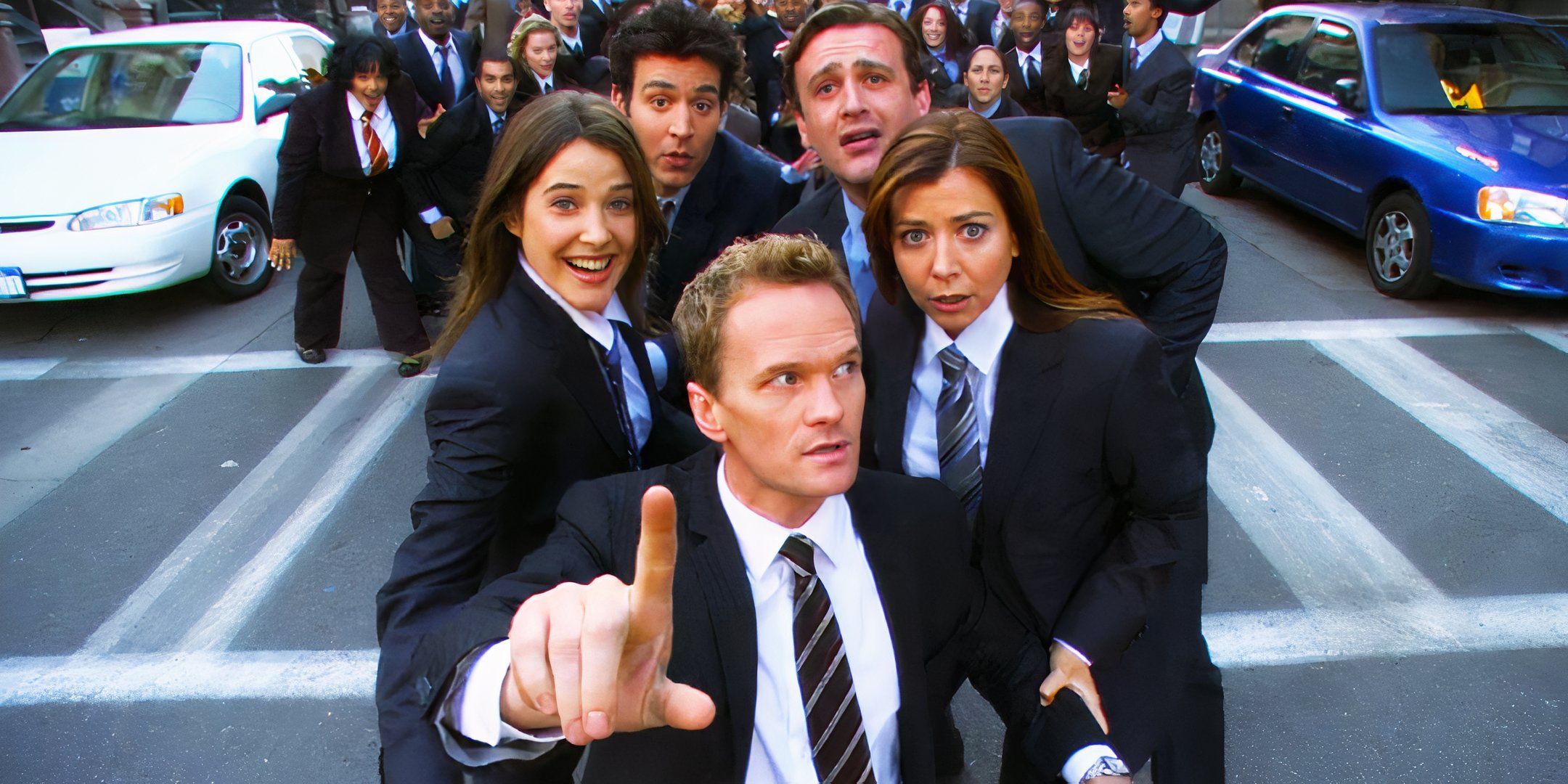 Barney, Robin, Ted, Marshall, and Lily singing in the street about suits in How I Met Your Mother.
