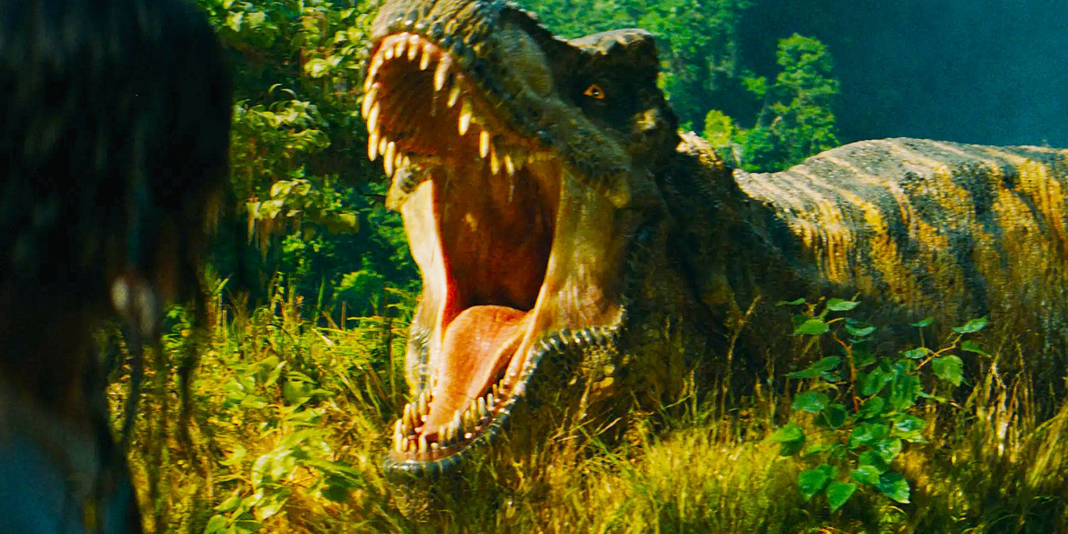 A T-Rex roaring in Jurassic World Rebirth