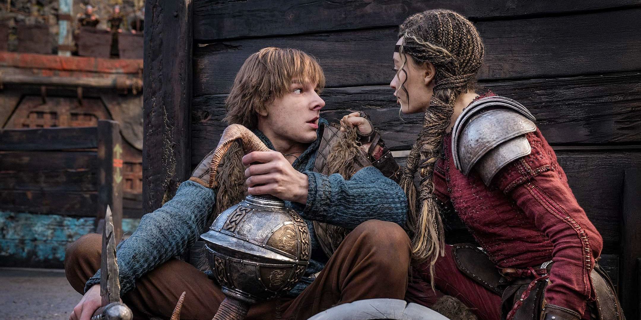 Astrid (Nico Parker) being threatening toward Hiccup (Mason Thames) in How To Train Your Dragon (2025)