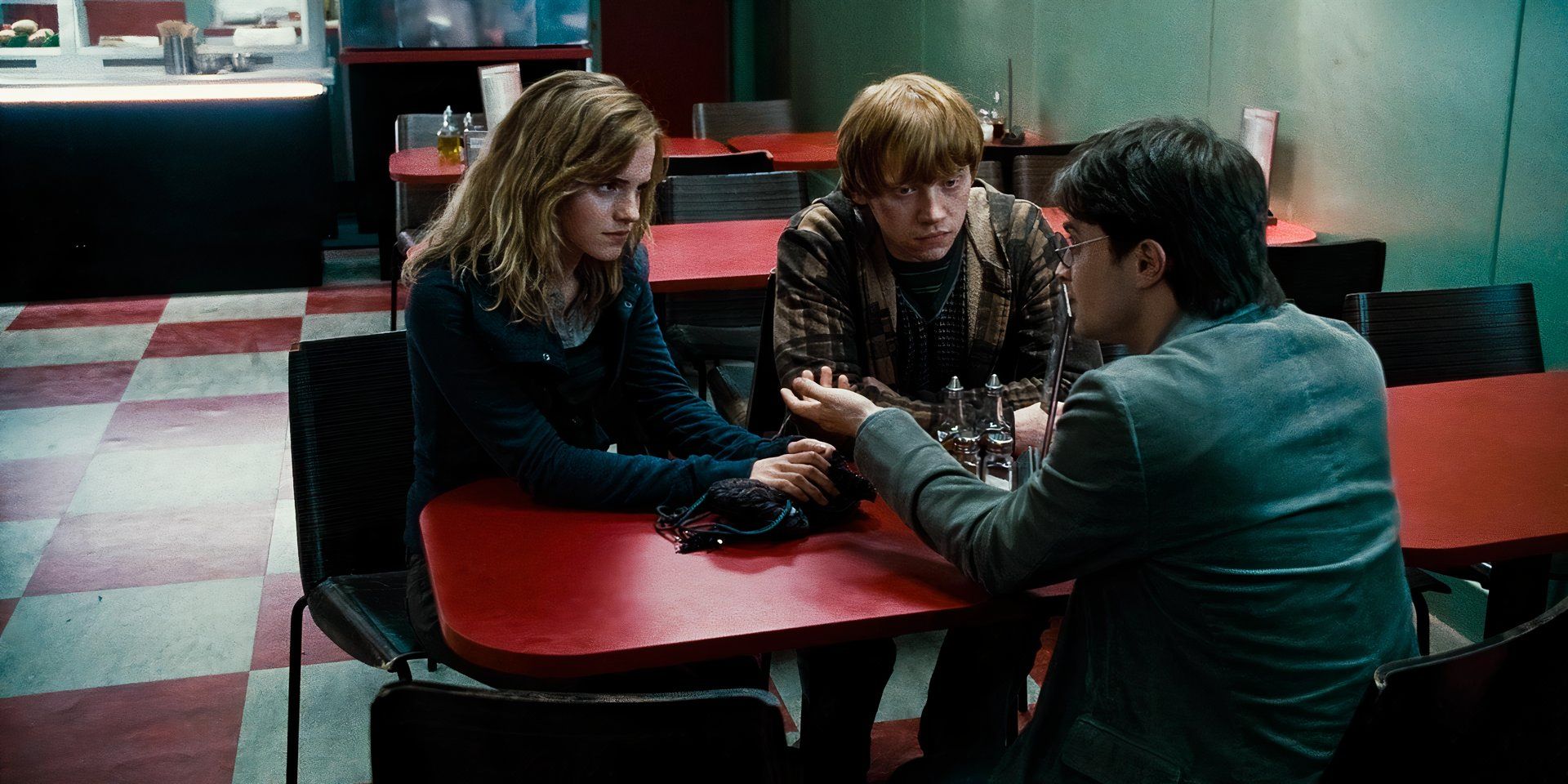 Harry Potter's golden trio at the cafe in Harry Potter and the Deathly Hallows – Part 1