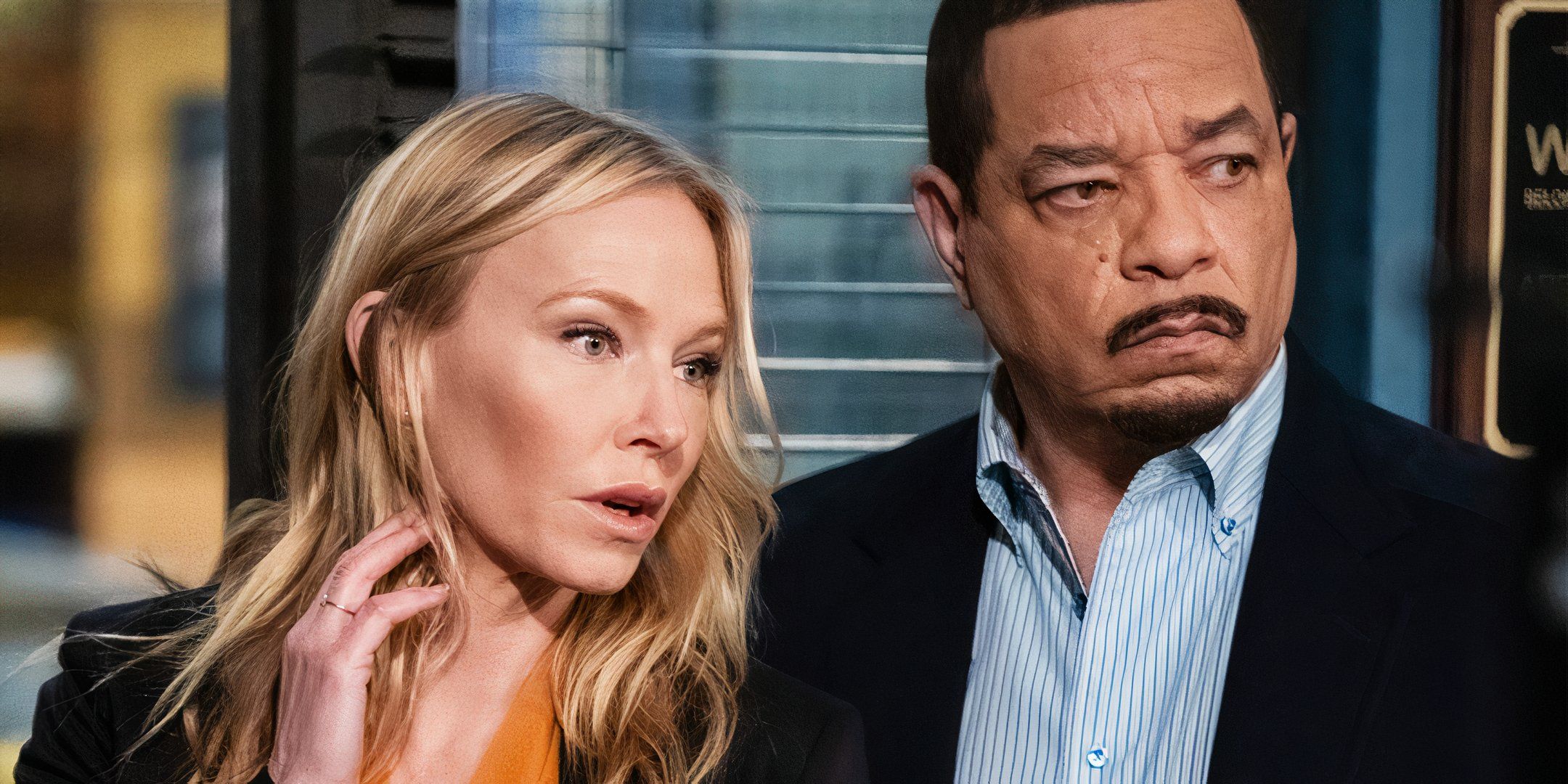 image of Ice-T and Kelli Giddish on Law & Order: SVU both looking shocked