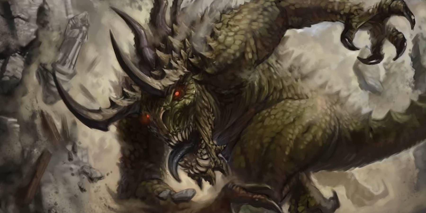 Dungeons and Dragons Tarrasque from older editions destroying a building