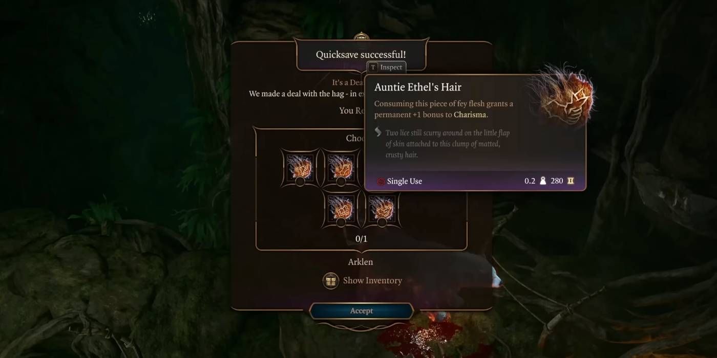 Baldur's Gate 3 Aunt Ethel hair giving a boost of permanent charisma +1 as a magical element