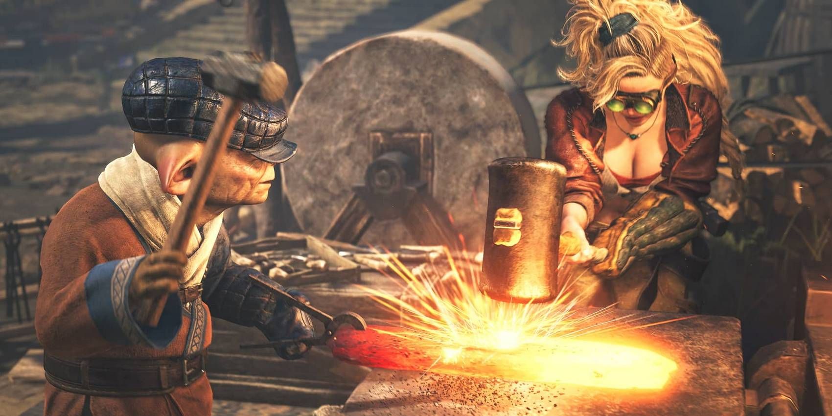 Monster Hunter Wilds Gemma and Suja blacksmith forging a weapon together