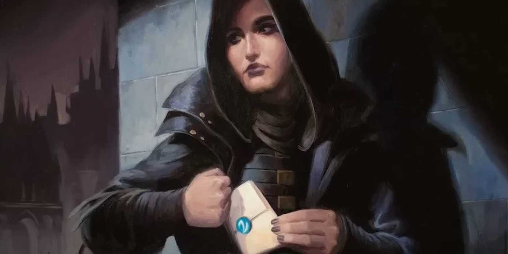 Dungeons and Dragons Mastermind Rogue character taking letter with secrets