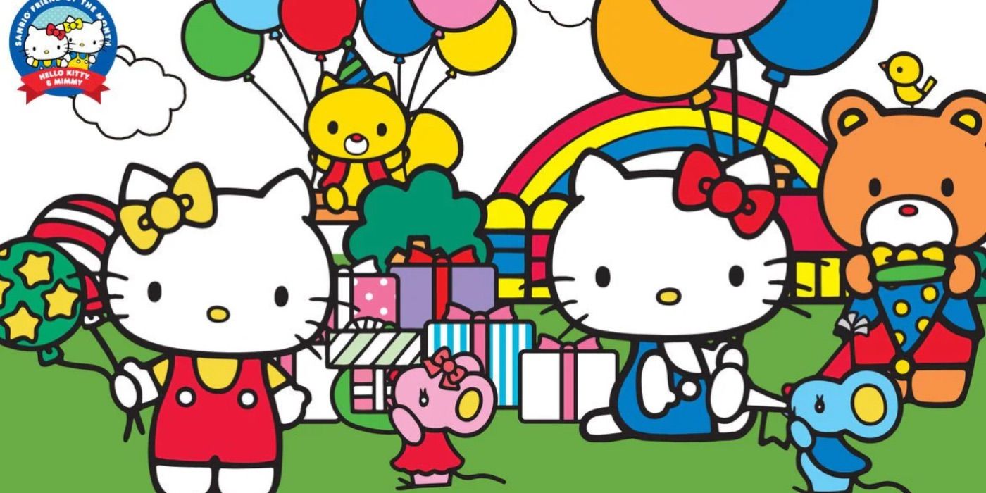 Hello Kitty and Hello Mimmy at a birthday party with friends with balloons and gifts Sanrio