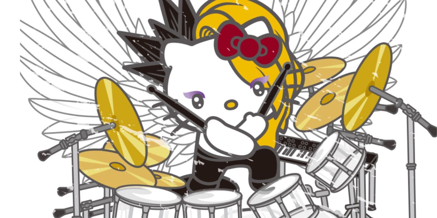 Yoshikitty playing the drums with angel wings Sanrio