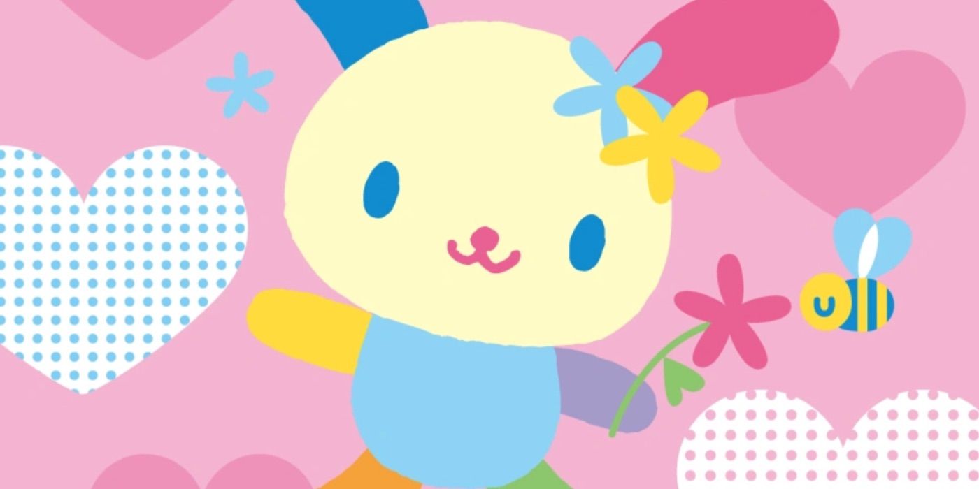 Usahana holding onto a flower with a bee on the flower surrounded by hearts Sanrio