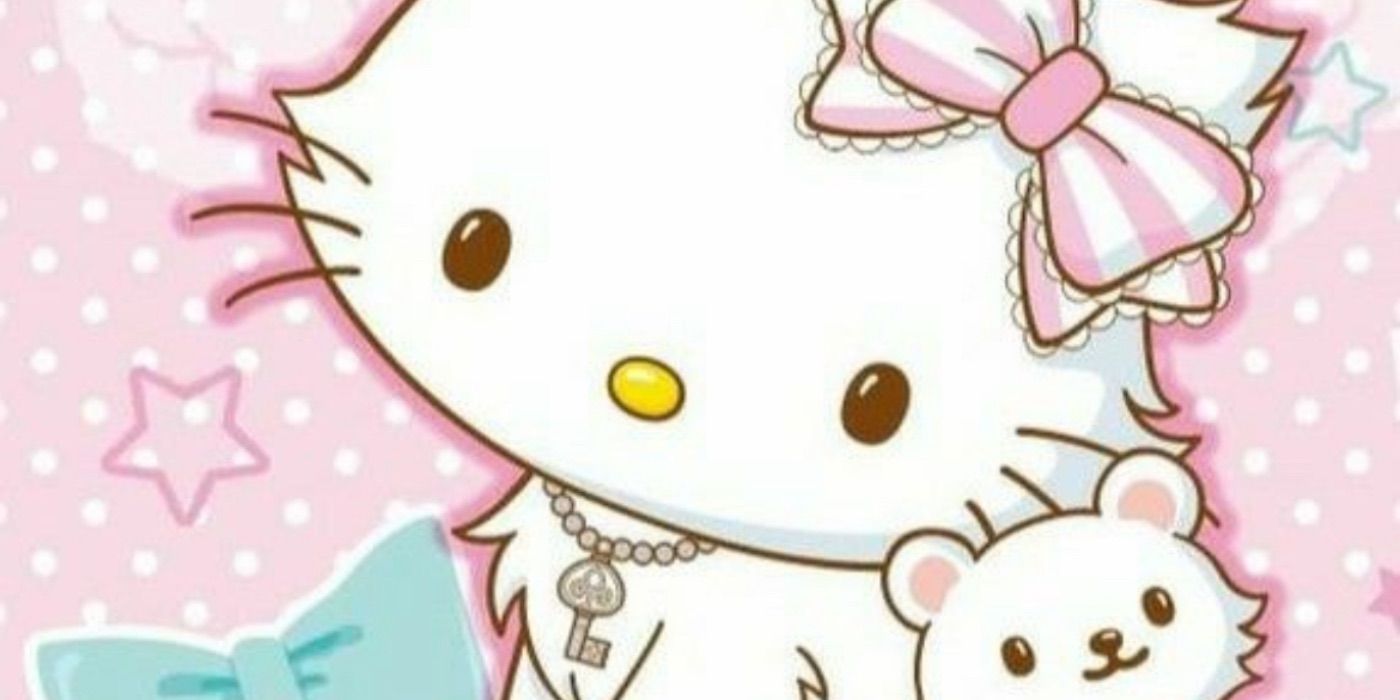 Charmmy Kitty against a pink background with stars and a blue bow Sanrio