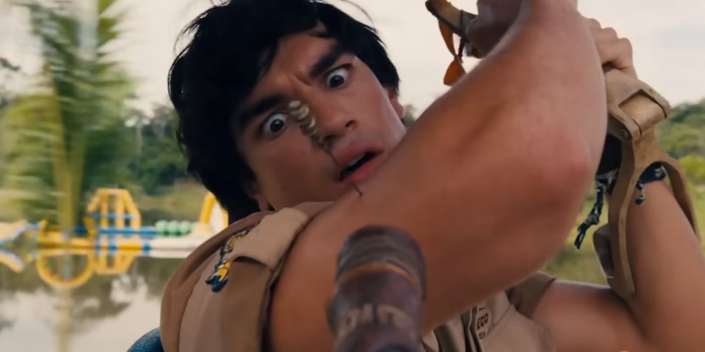 Jacob Rodriguez as Diego looking shocked with a dart in his arm in Dora and the Search for Sol Dorado