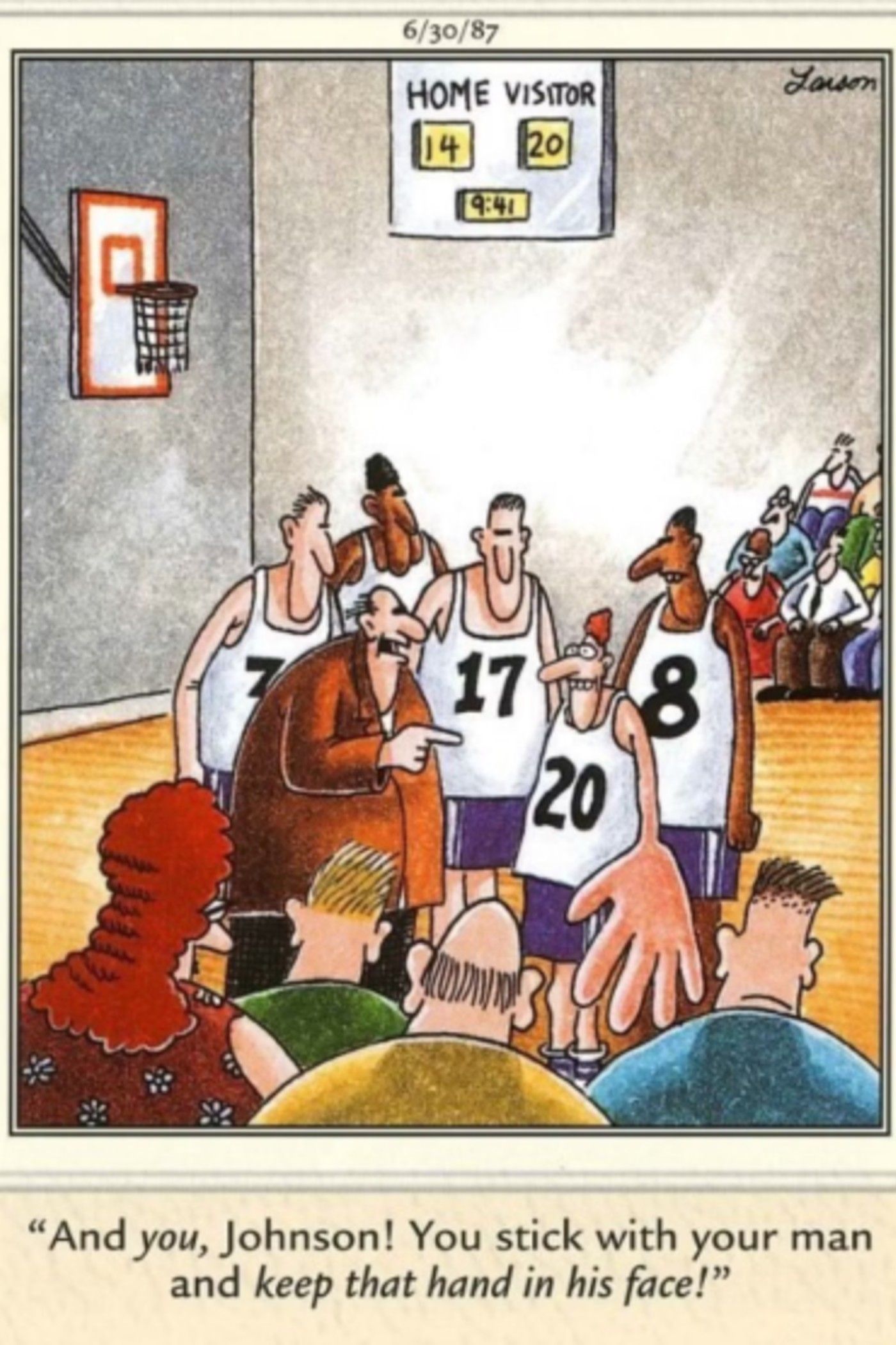 30 juin 1987 Comité dessinée pour le joueur de basket-ball de Far Side Johnson dit par Coach d'utiliser sa main géante pour garder