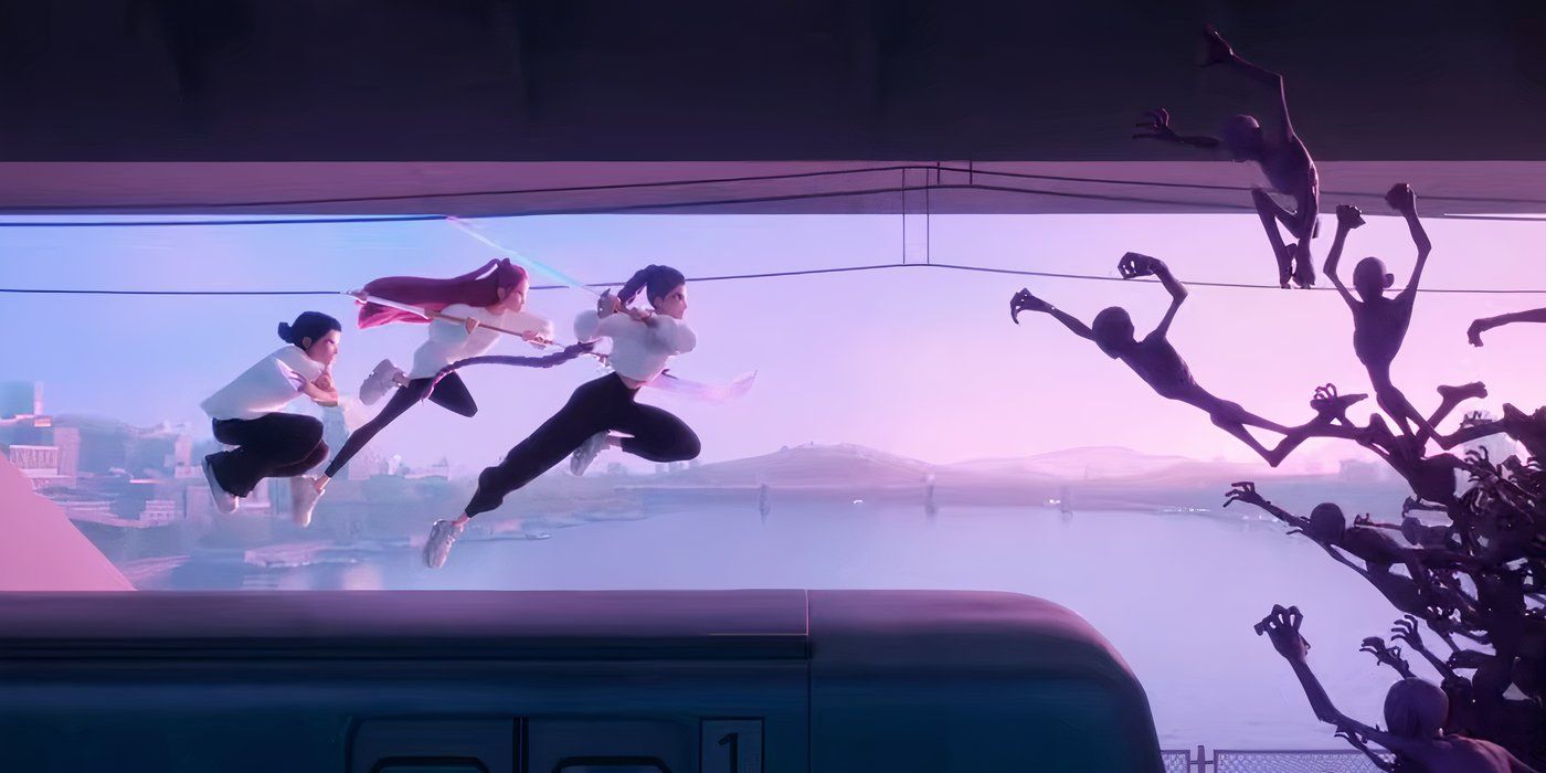 Huntr/x jumping off a subway car with their weapons drawn prepared to fight a horde of demons in KPop Demon Hunters