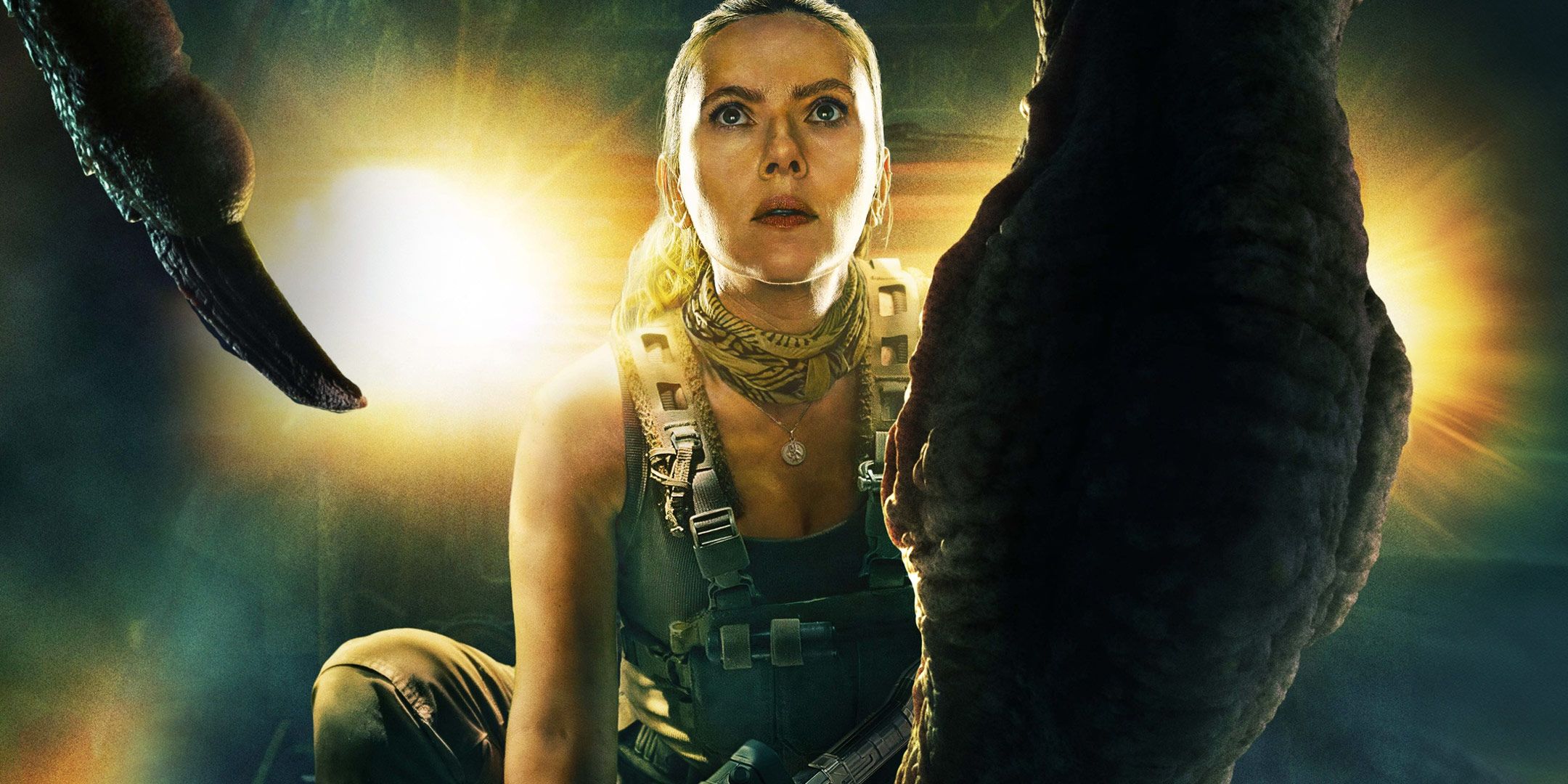 Scarlett Johansson in Jurᴀssic World Rebirth, with headlights behind her and a giant claw in front 