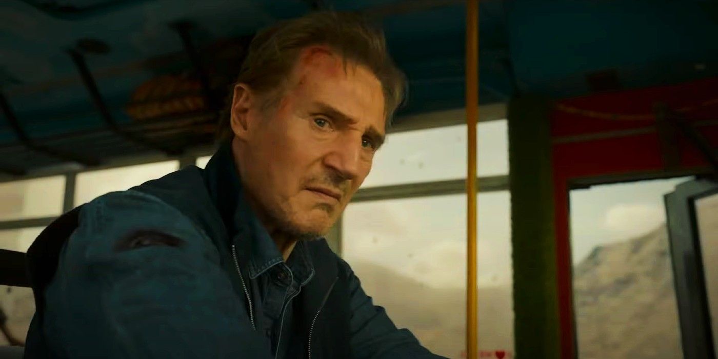 Liam Neeson bloody driving a bus in Ice Road Vengeance
